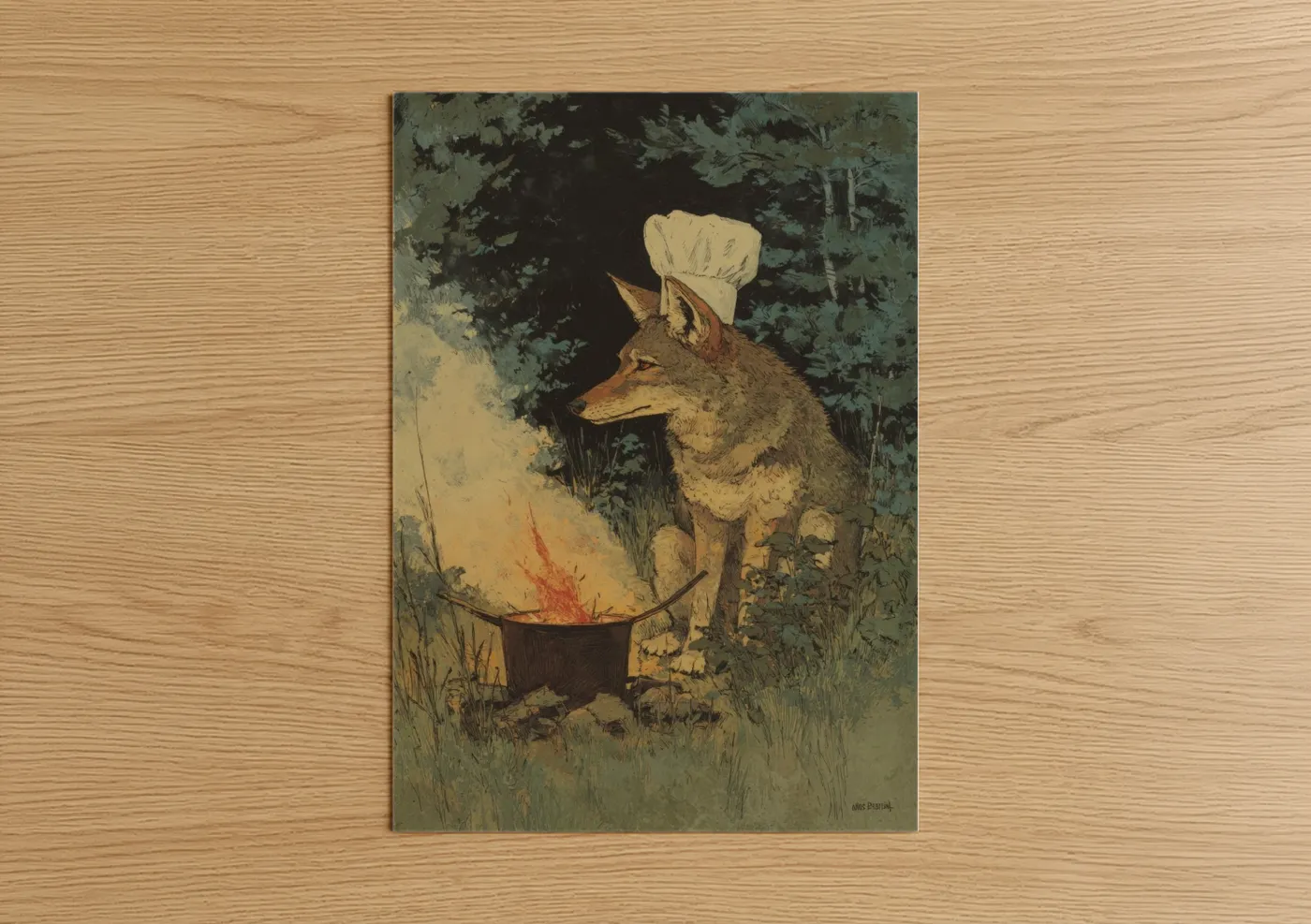 Art print on warm oak wood — dark green and russet palette — Chef Coyote poster