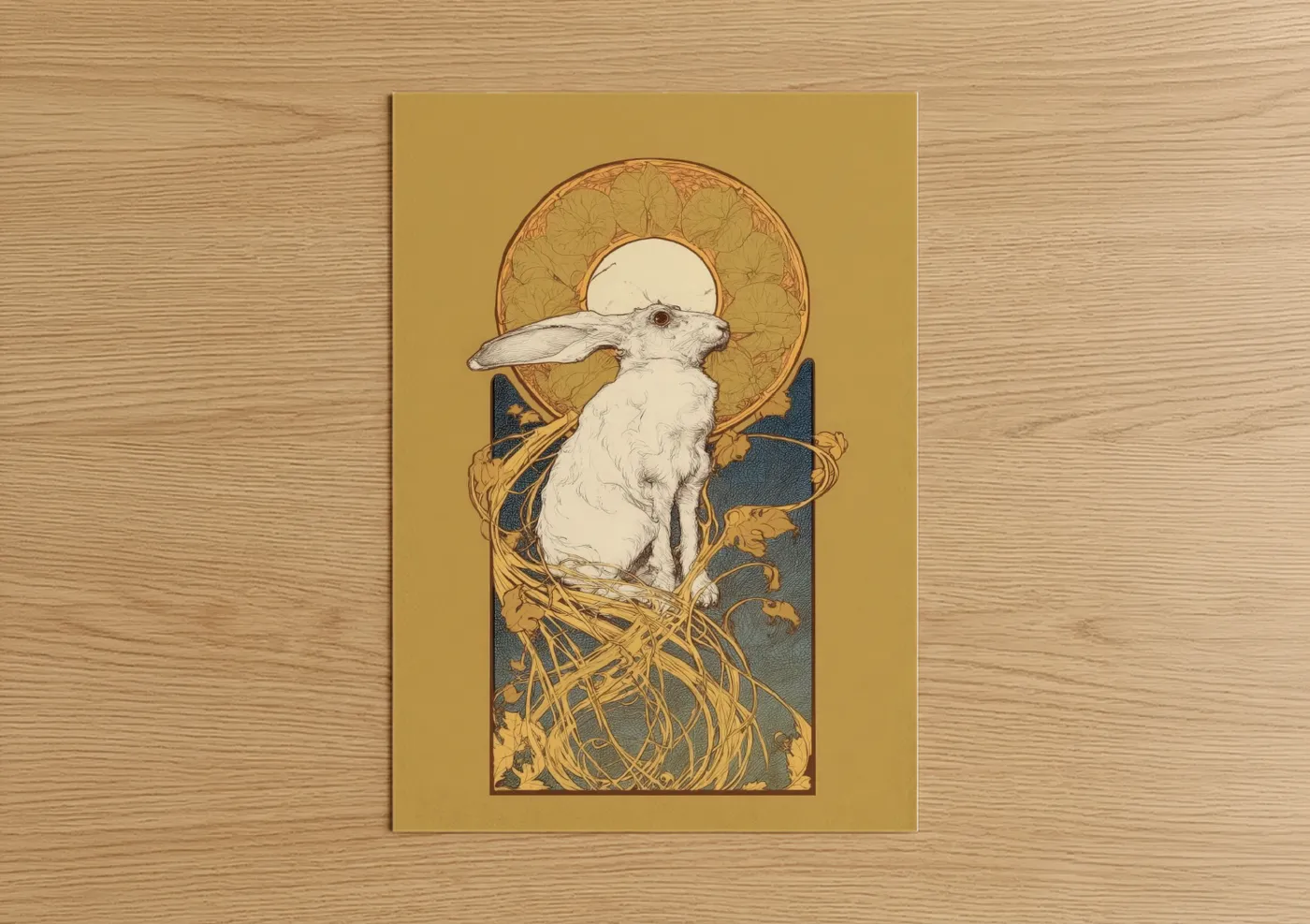 Art print on warm oak wood — gold and blue palette — Celestial Rabbit poster