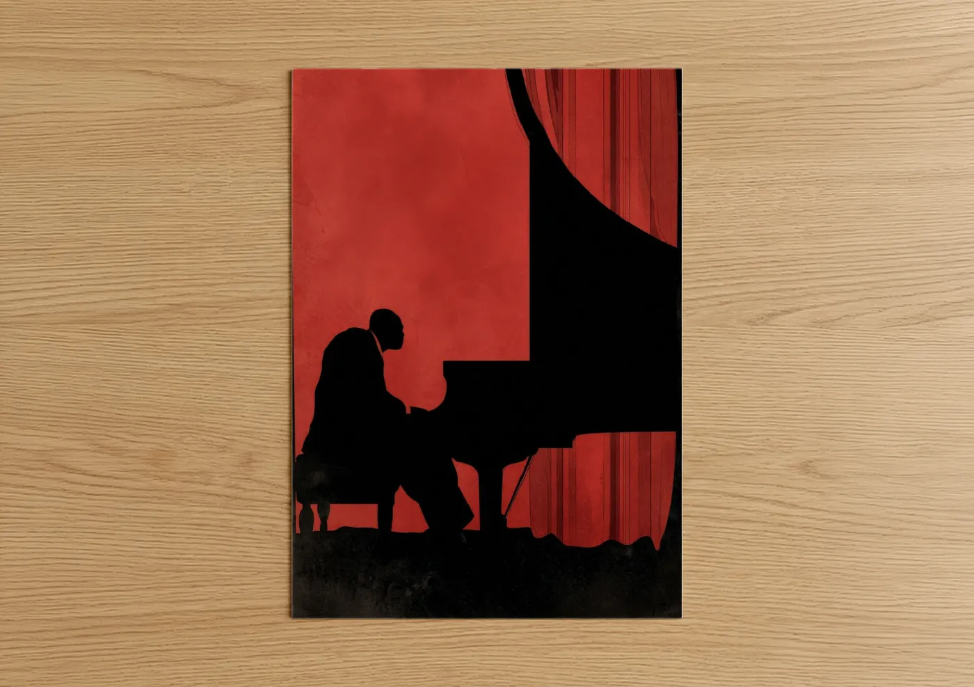 Musician art print on warm oak wood — red and black palette — Pianist's Passion poster