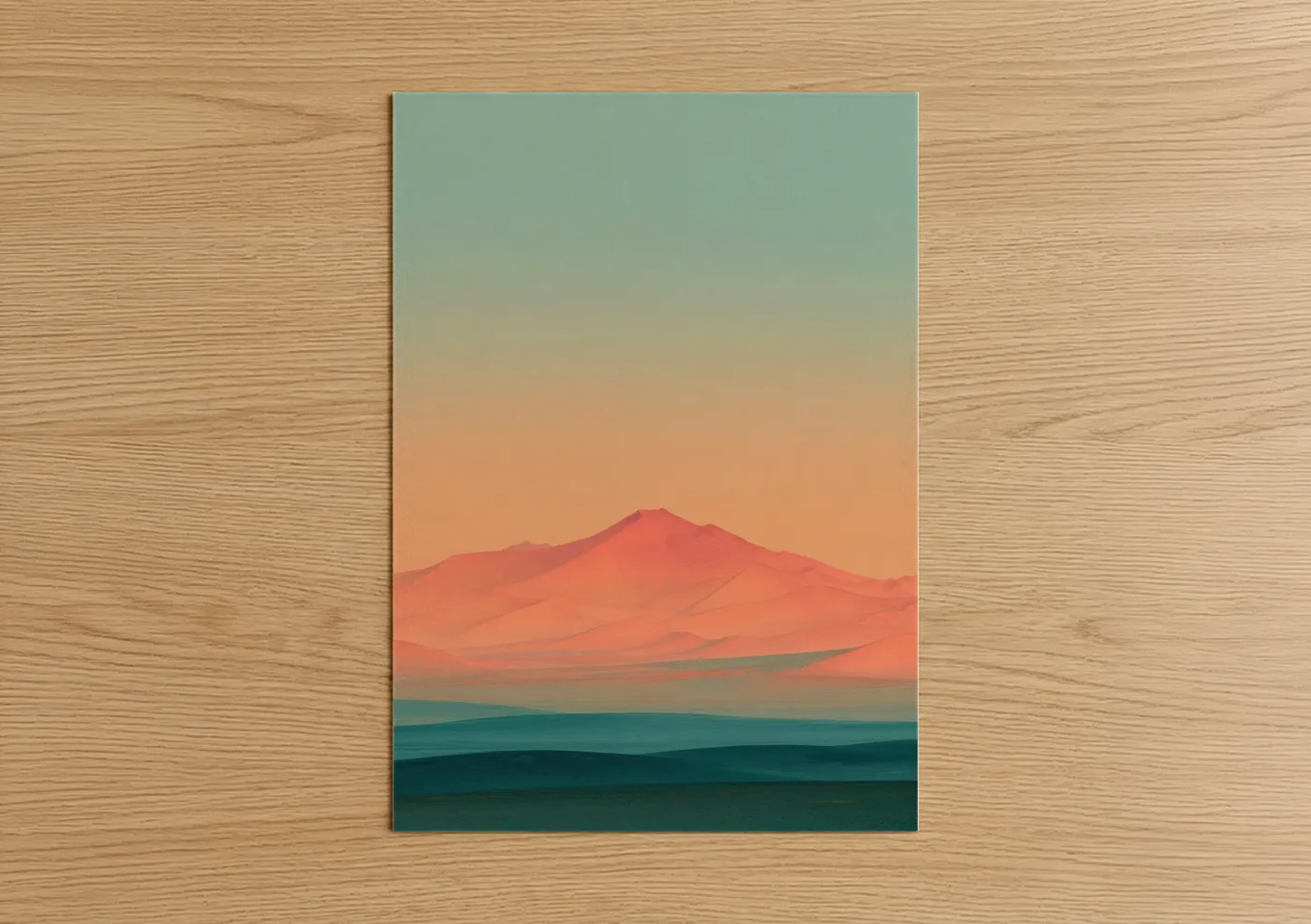 Rainbow art print on warm oak wood — peach and sage green palette — Sunset Mountain poster