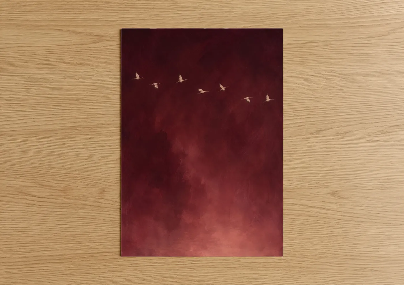 Art print on warm oak wood — maroon and rose gold palette — Cranes in Burgundy Sky Wall Art poster