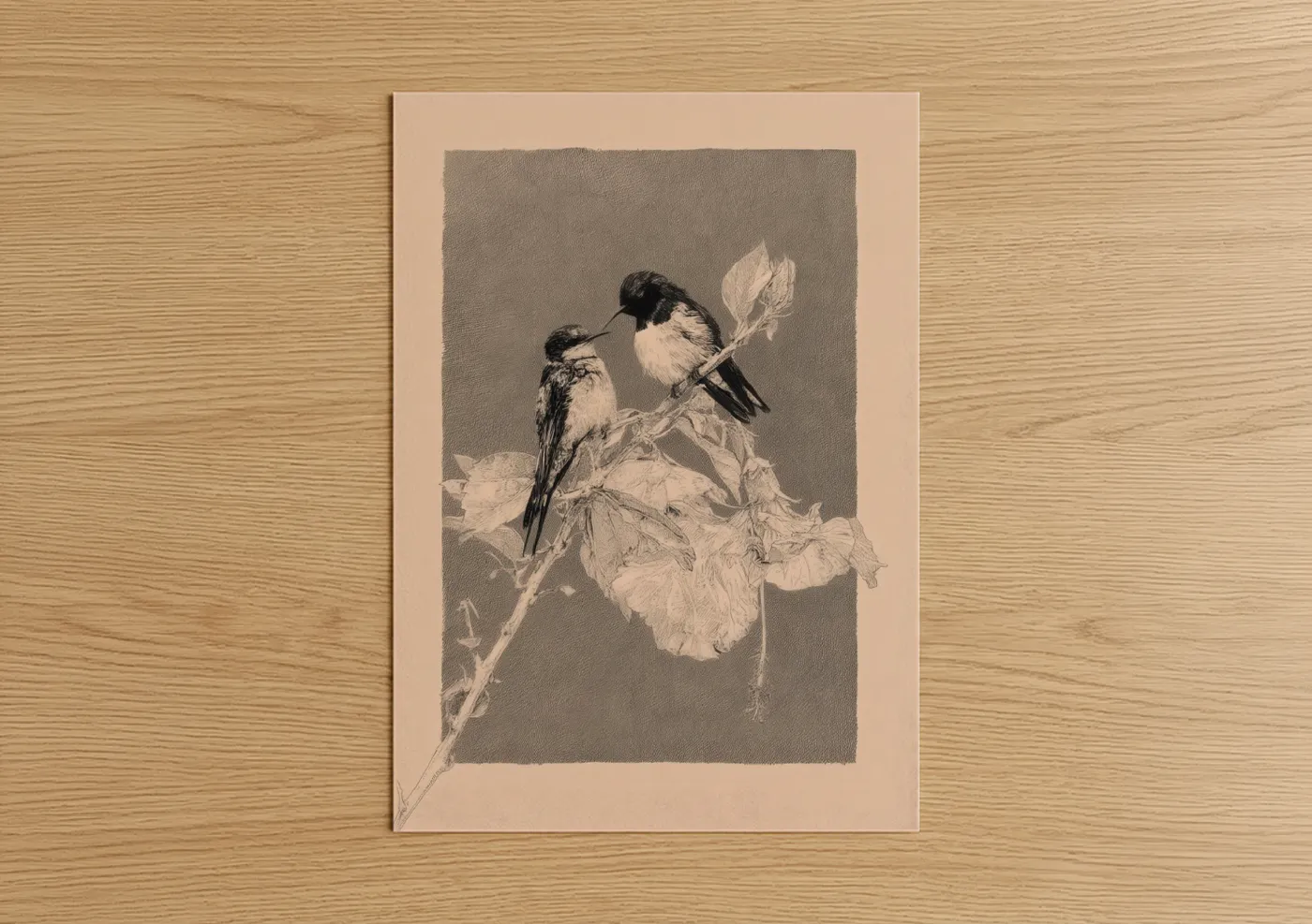 Art print on warm oak wood — beige and gray palette — Delicate Hummingbirds poster