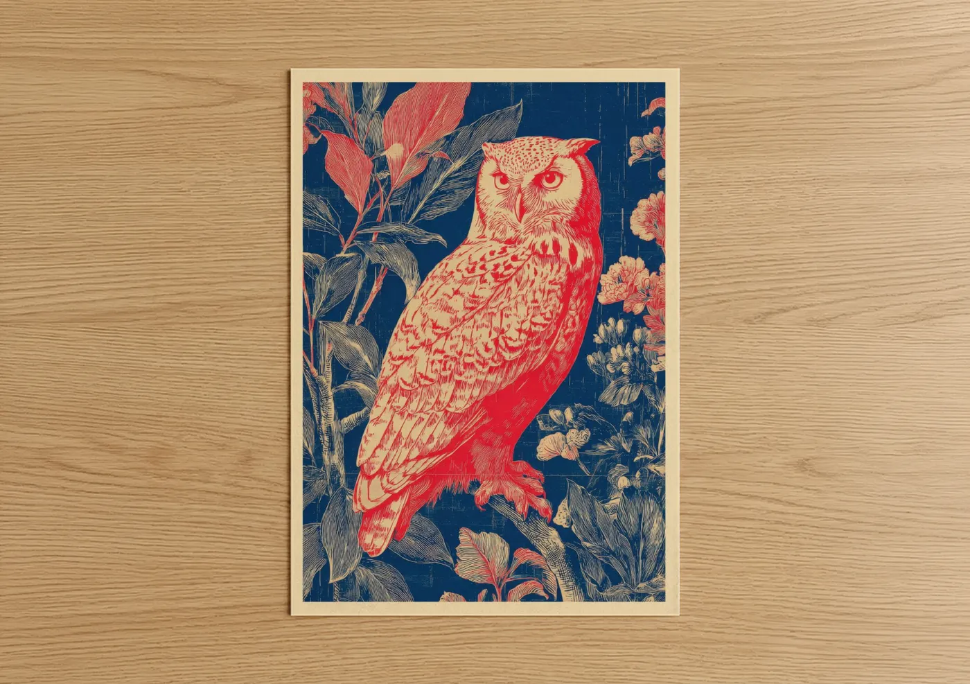 Art print on warm oak wood — red and blue and gold palette — Crimson Owl Botanicals poster