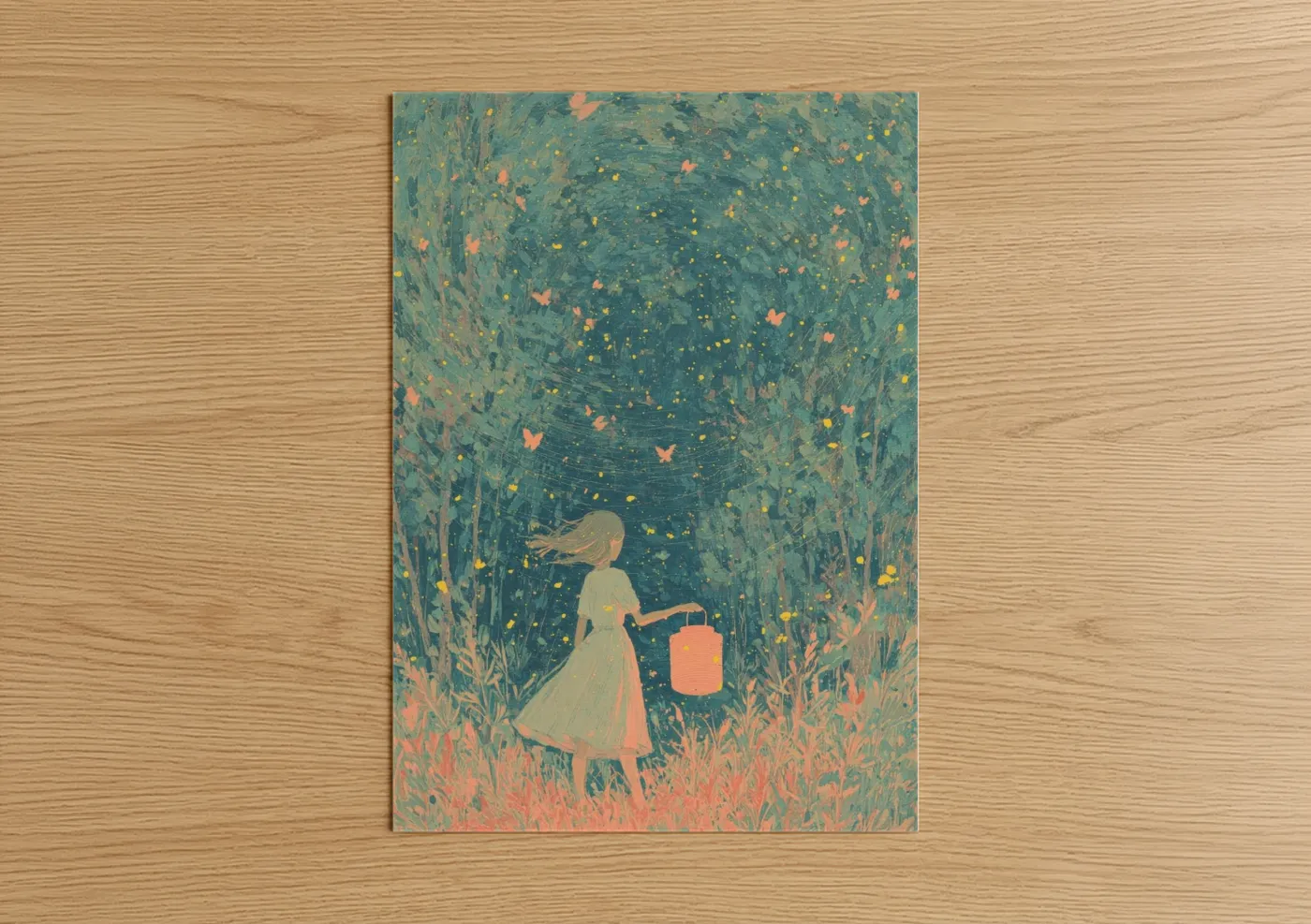 Art for girl art print on warm oak wood — teal and peach palette — Magical Garden Girl poster