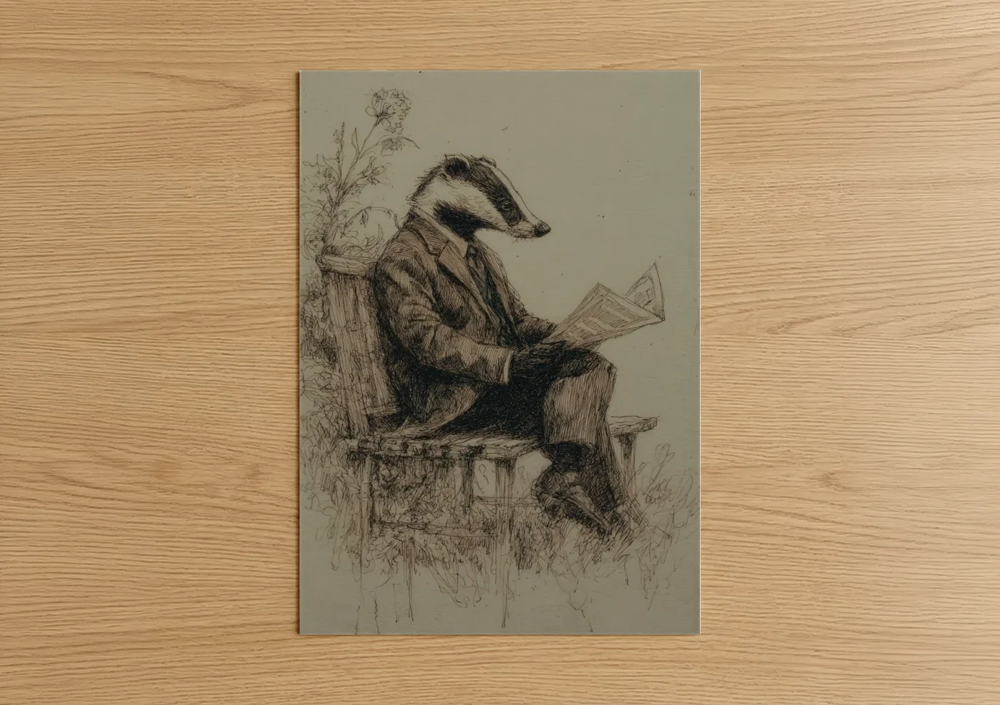 Badger Reading Book Pen and Ink Illustration Wall Art