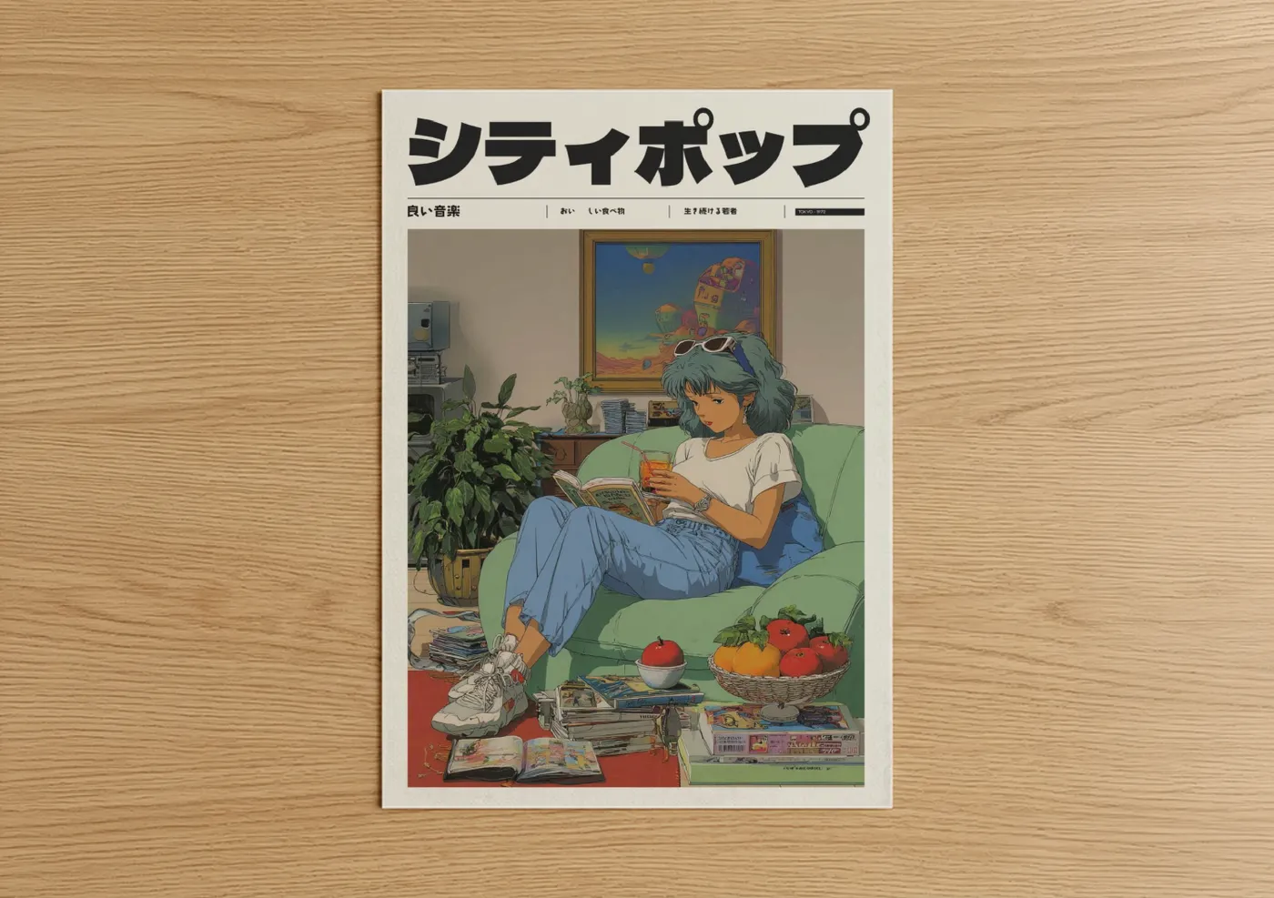Anime and manga art print on warm oak wood — light green and blue palette — Cozy Reading Moment poster