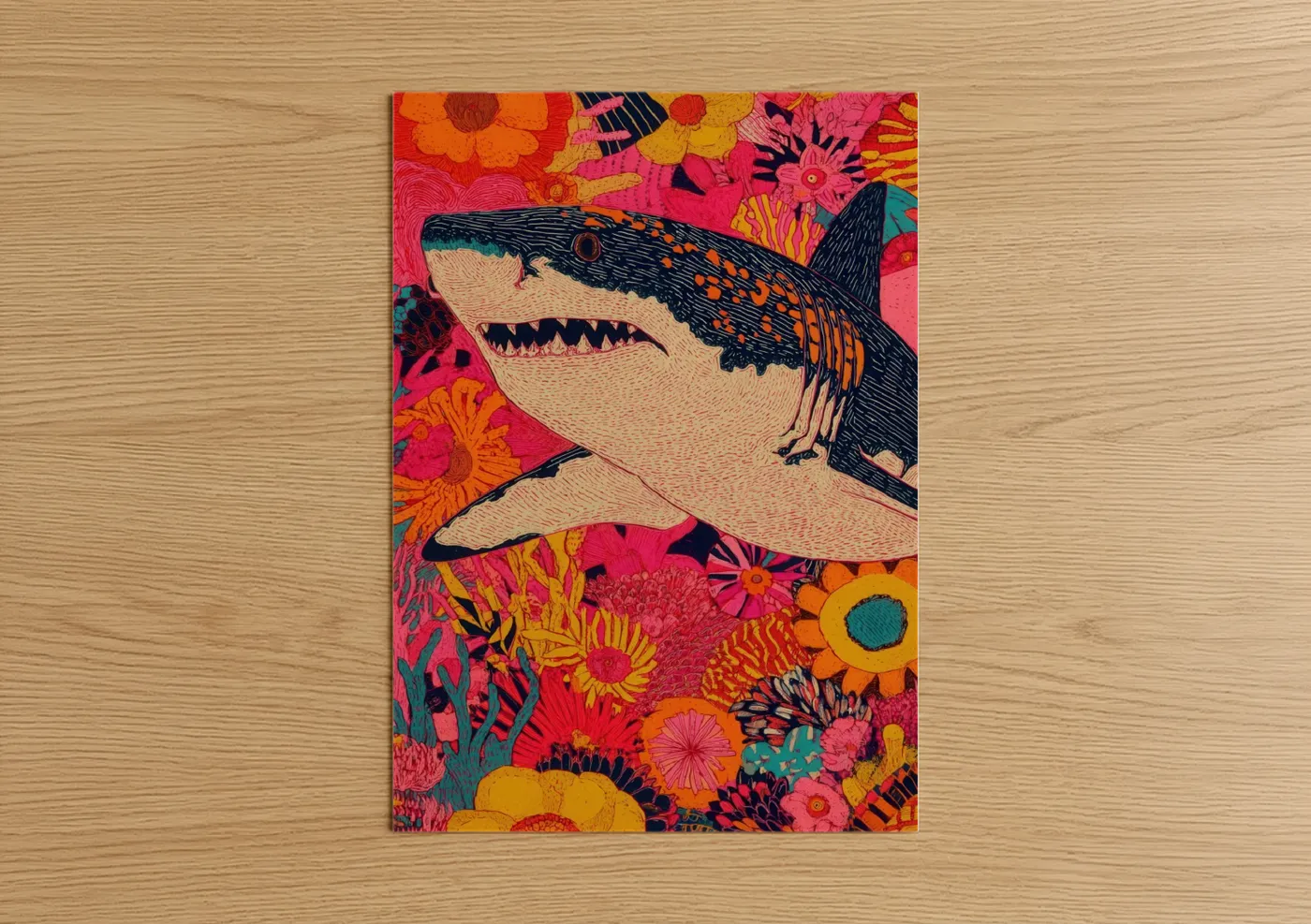 Floral Great White Shark Illustration Wall Art