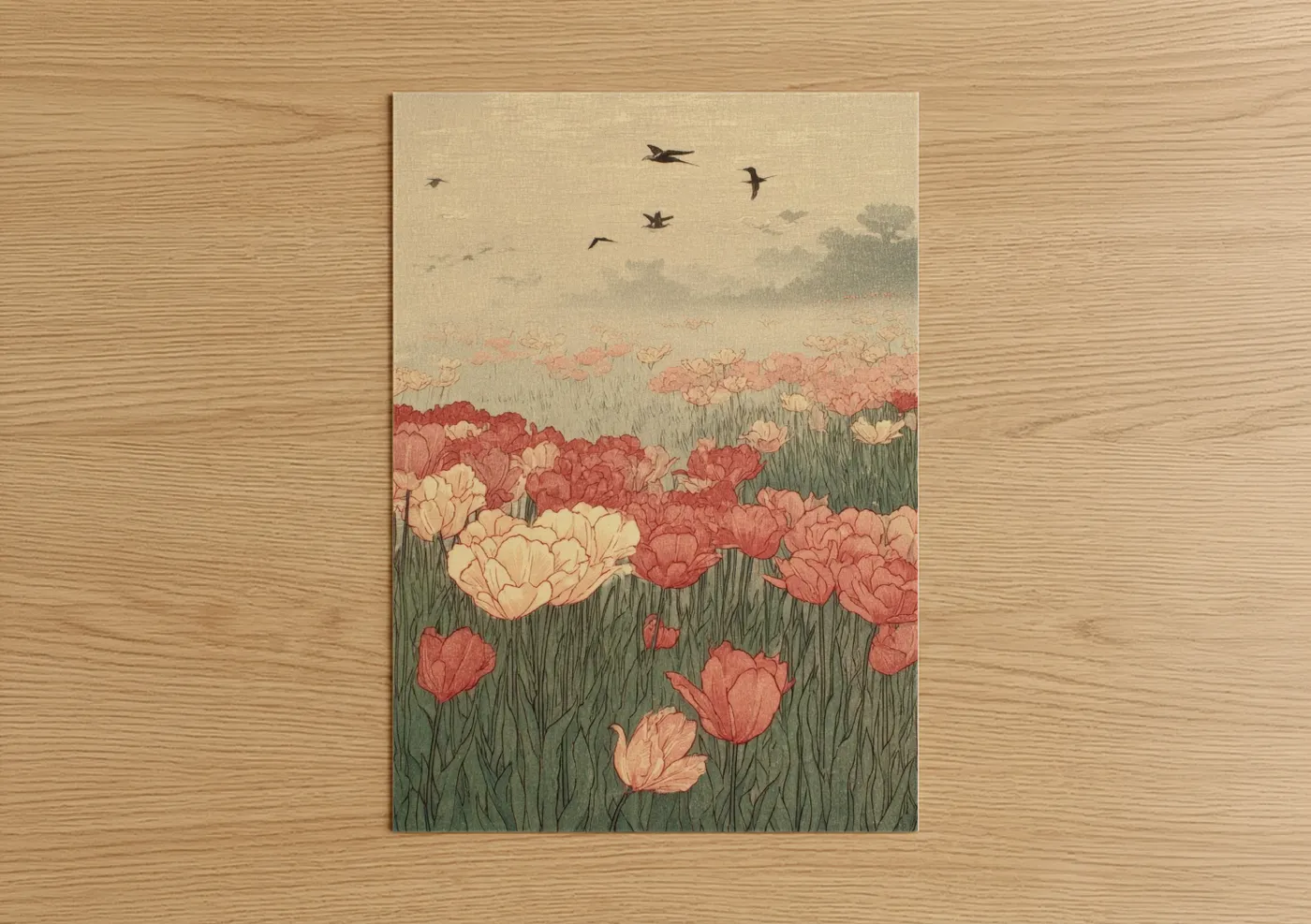 Poppy Flower Field Misty Watercolor Wall Art