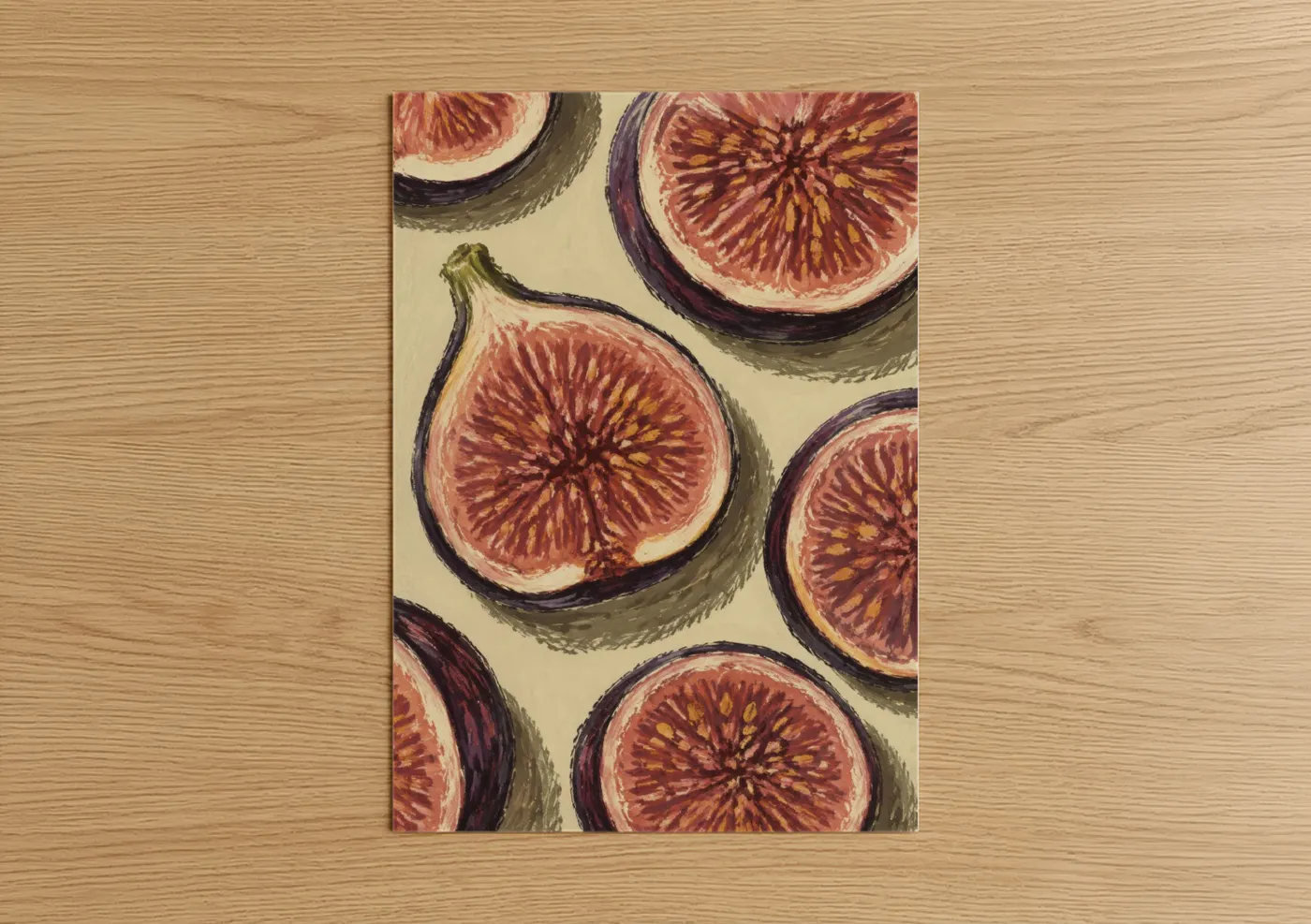 Fruit art print on warm oak wood — russet and cream palette — Sliced Figs Kitchen Wall Art poster