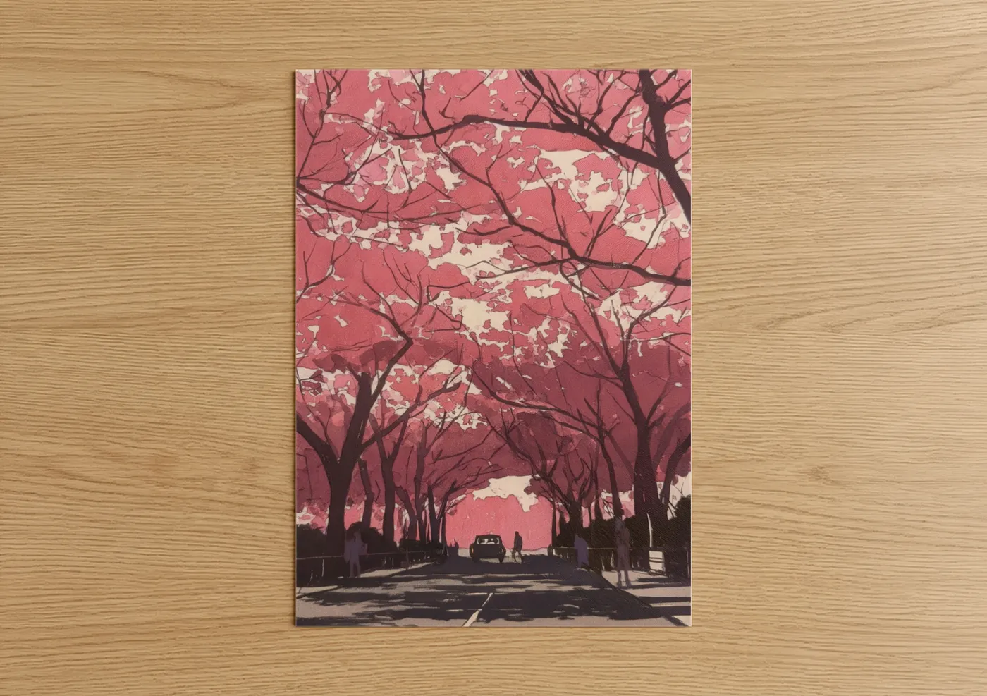 Cherry blossoms art print on warm oak wood — pink and cream palette — Blossoming Avenue poster