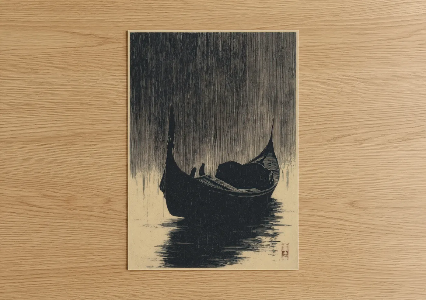 Art print on warm oak wood — black and white and cream palette — Rainy Gondola poster