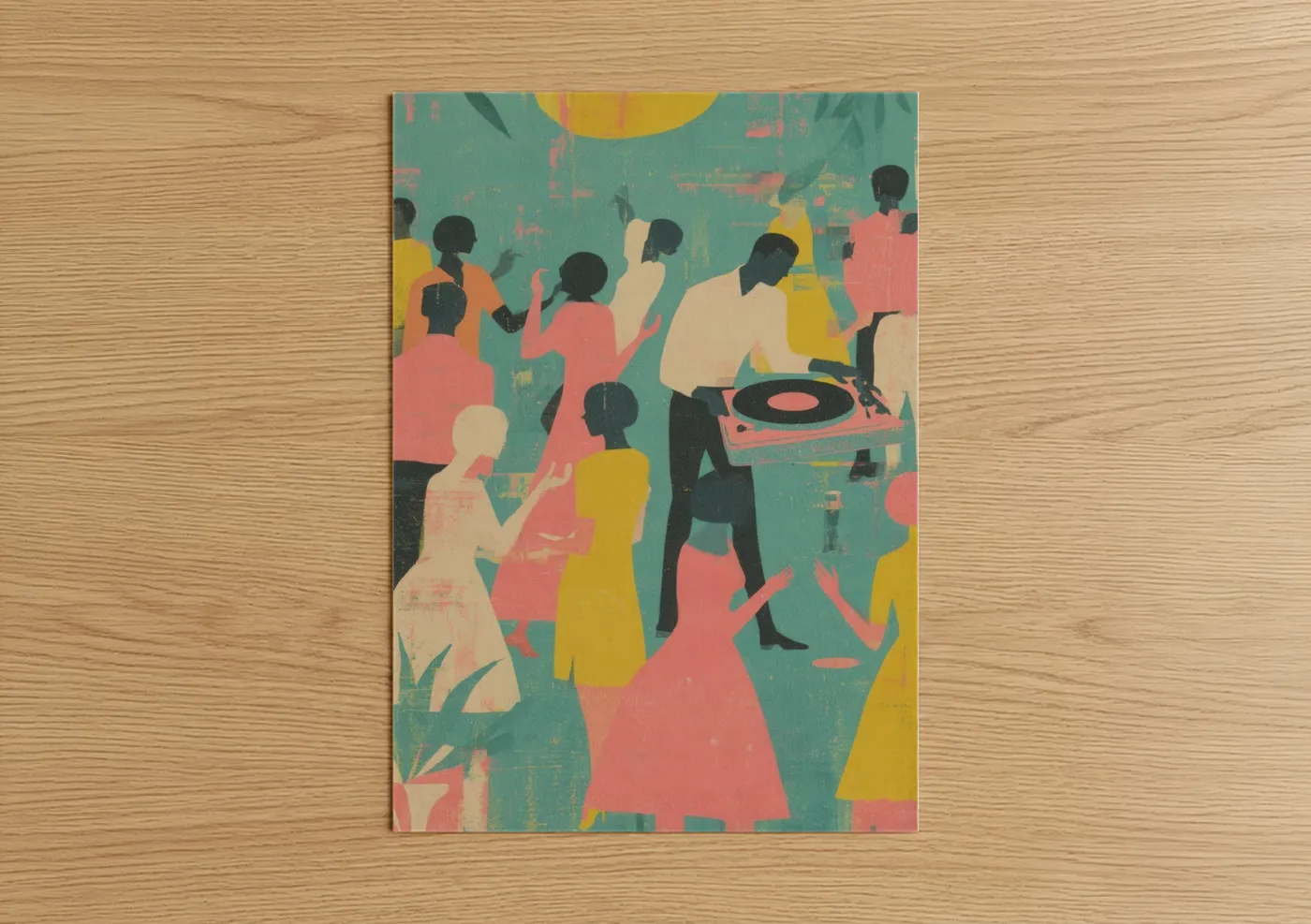 Retro pop art print on warm oak wood — yellow gold and salmon pink palette — Retro Dance Party poster