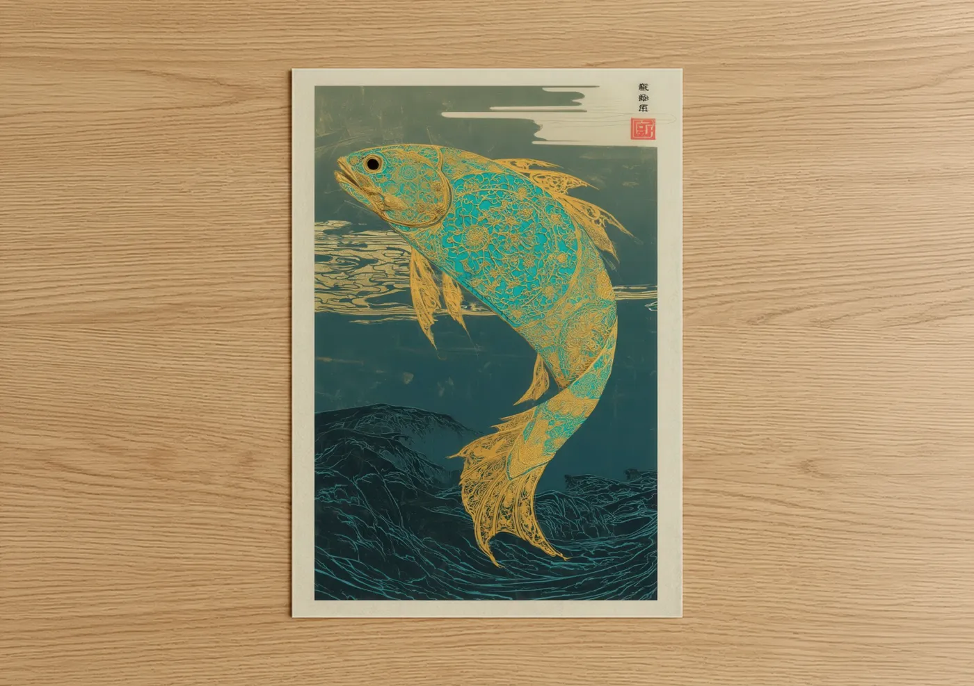 Art print on warm oak wood — gold and teal palette — Golden Dragon Fish poster