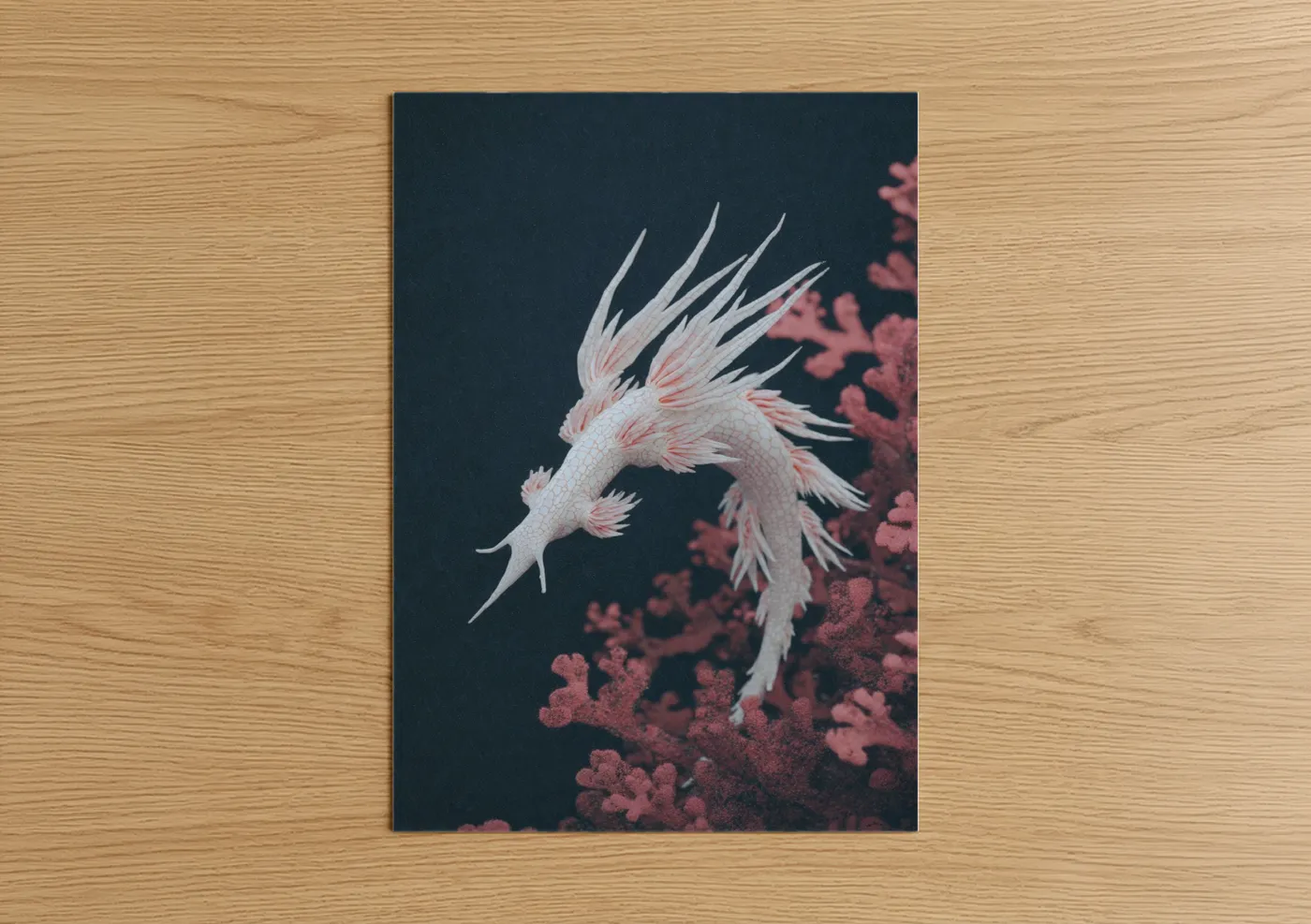 Art print on warm oak wood — white and salmon pink palette — Crimson Nudibranch poster