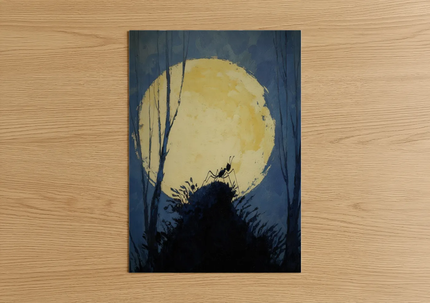 Art print on warm oak wood — dark blue and yellow gold palette — Moonlit Ant poster