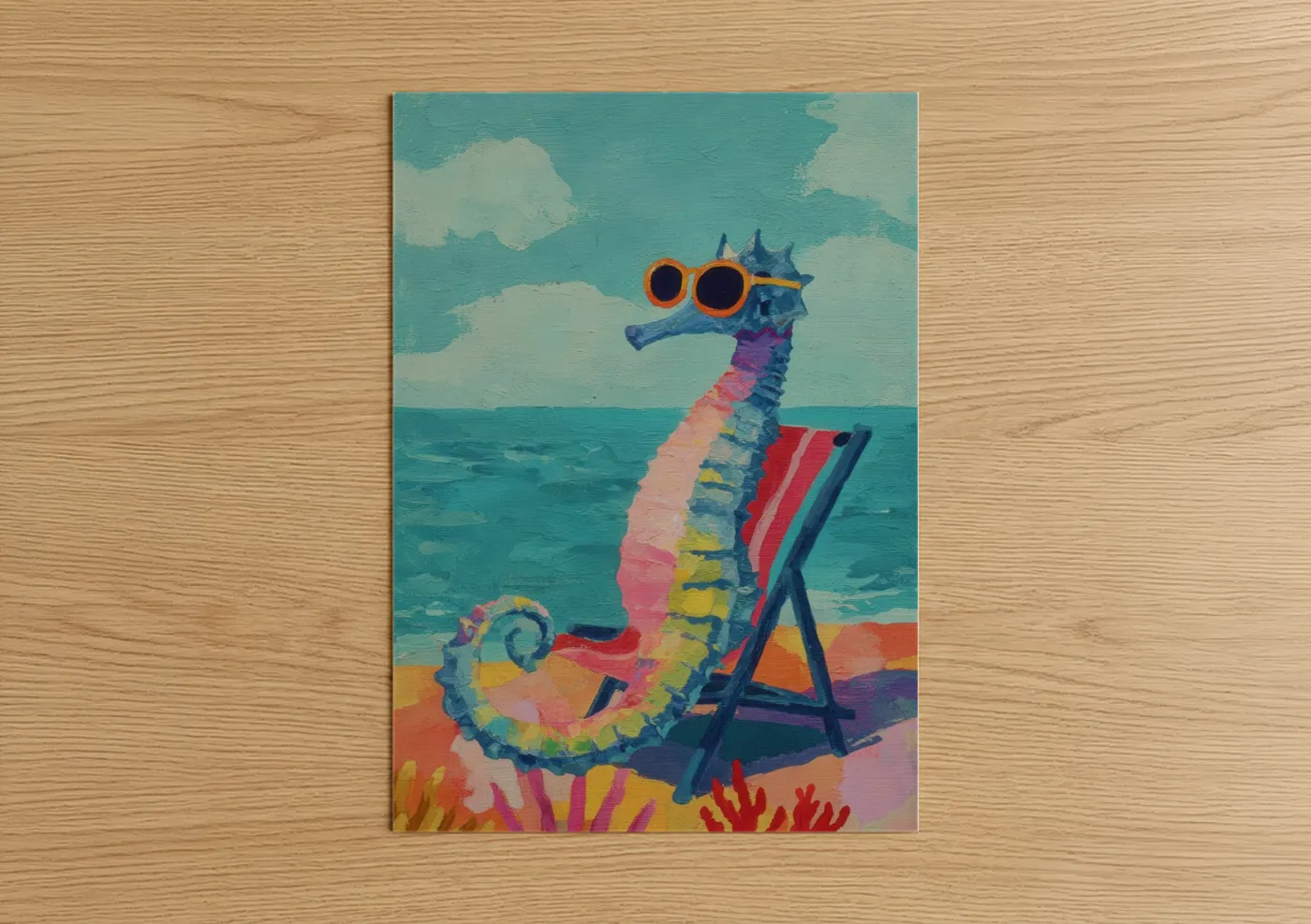 Sea horse art print on warm oak wood — teal and gold palette — Sunbathing Seahorse poster