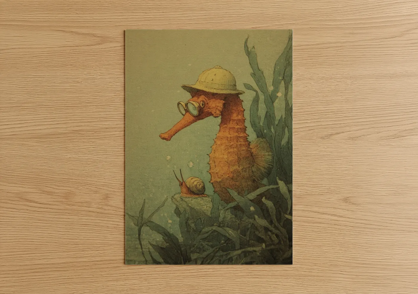 Vintage Explorer Seahorse Illustration Wall Art