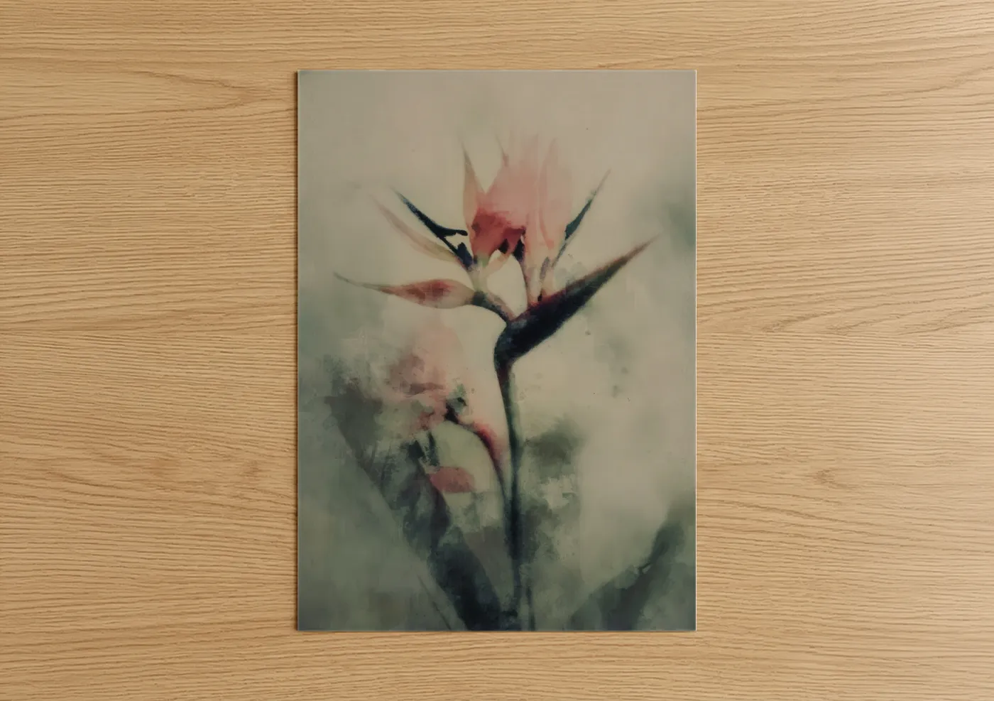 Birds of paradise art print on warm oak wood — salmon pink and sage green palette — Crimson Bird of Paradise poster