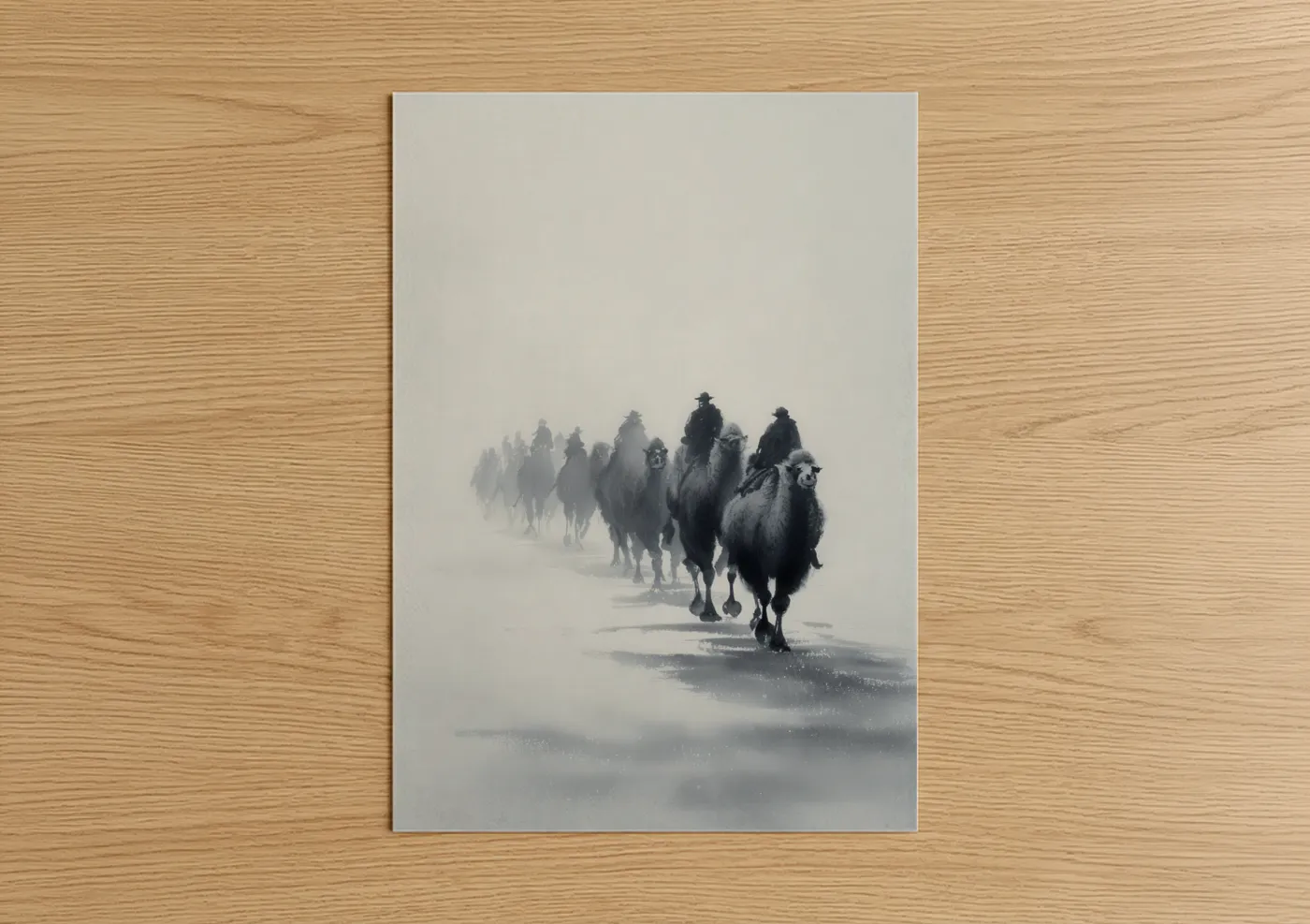 Camel art print on warm oak wood — gray and black and white palette — Desert Caravan poster