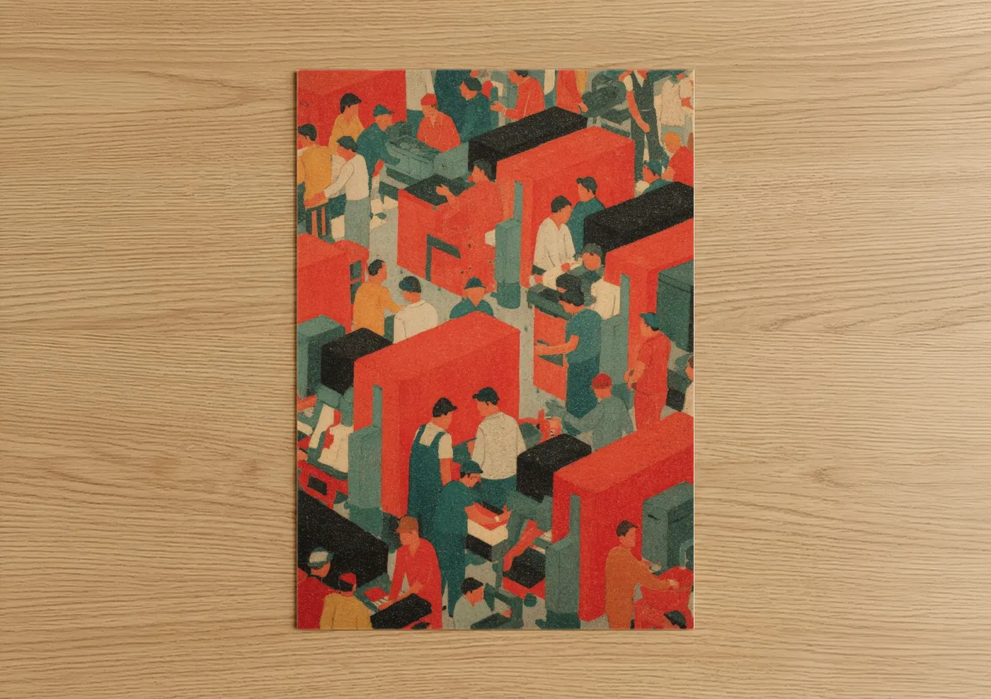Labor day art print on warm oak wood — red and dark green palette — Busy Factory Floor poster
