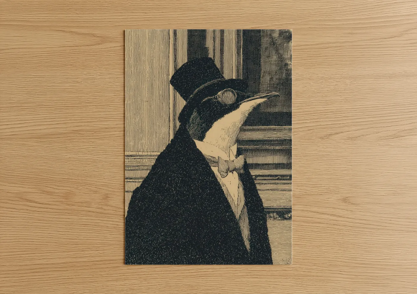 Dapper Penguin Top Hat Monocle Illustration Wall Art