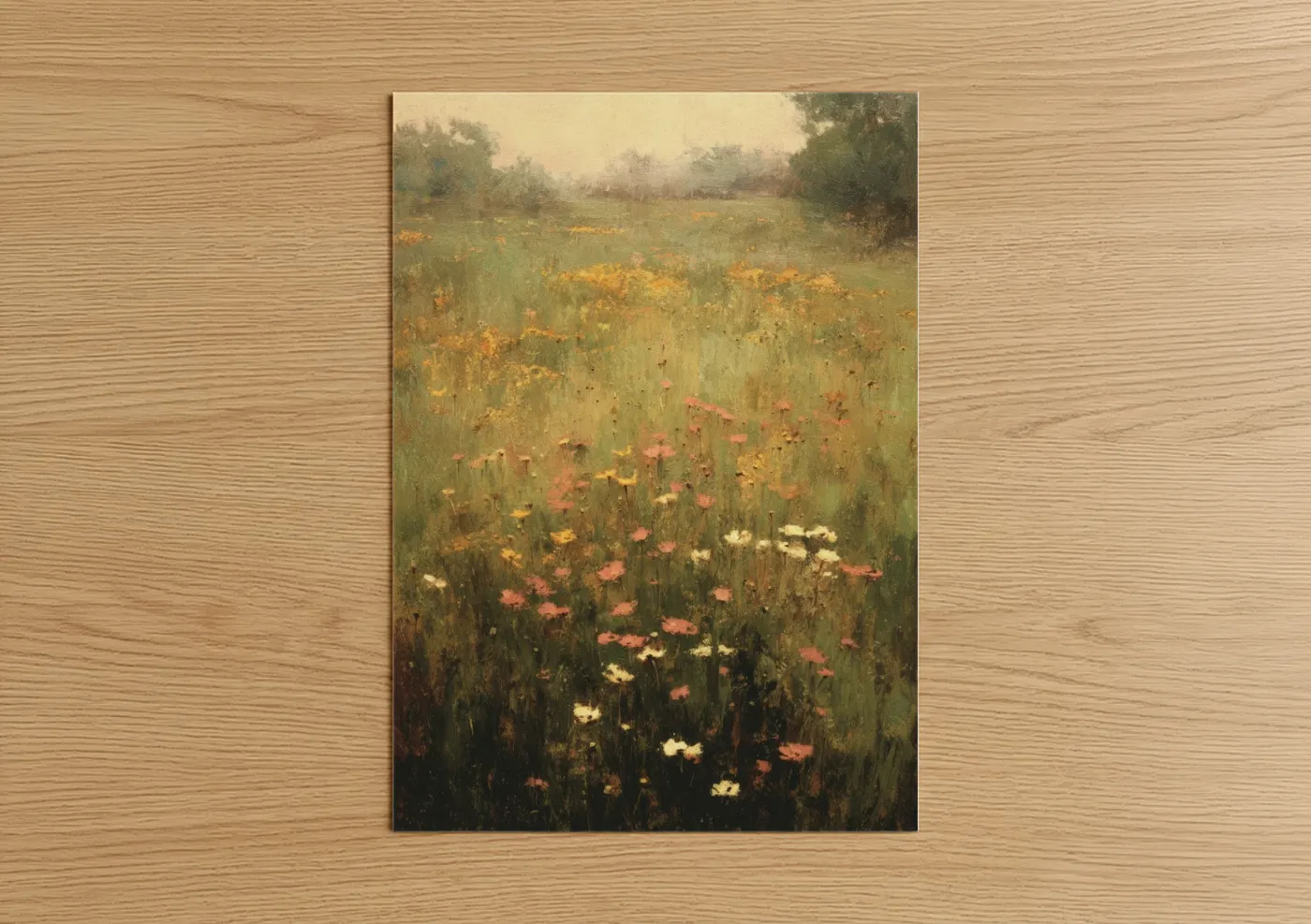 Flower field art print on warm oak wood — beige and green palette — Misty Wildflower Meadow poster