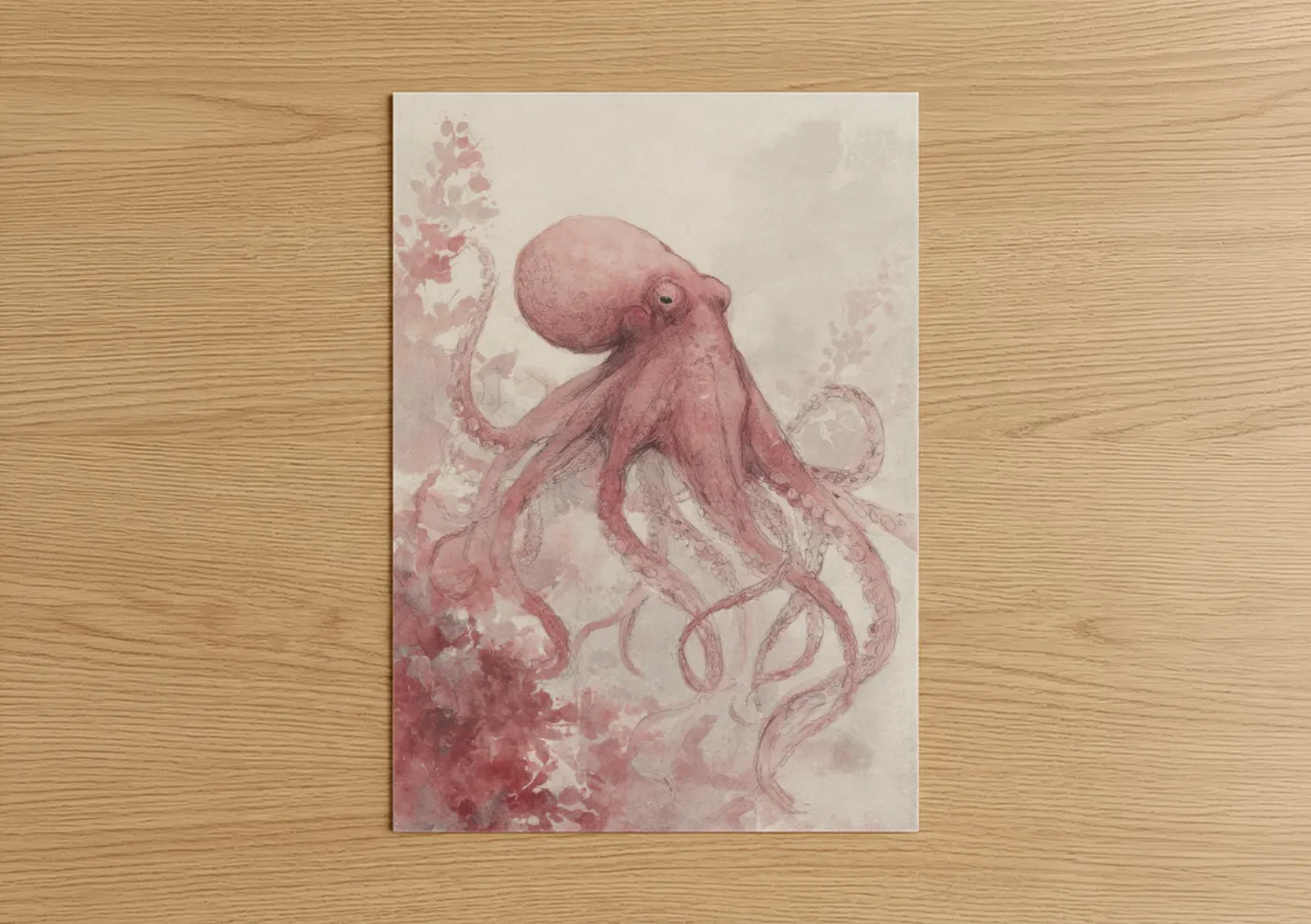 Art print on warm oak wood — rose gold and cream palette — Crimson Octopus poster