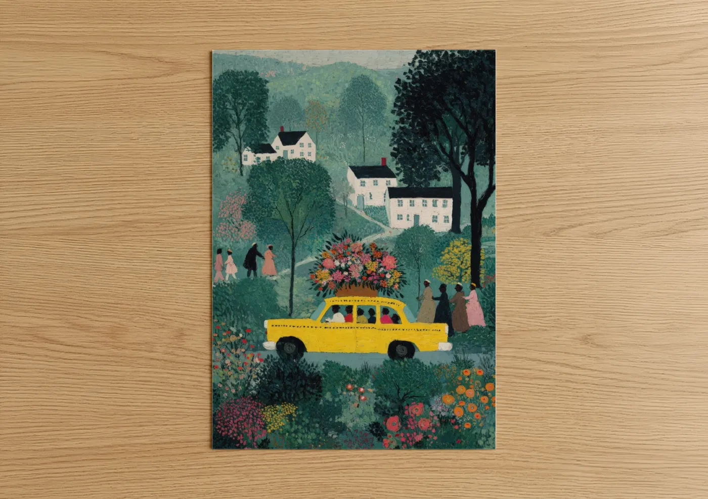 Taxi cab art print on warm oak wood — green and pink palette — Yellow Taxi Garden poster