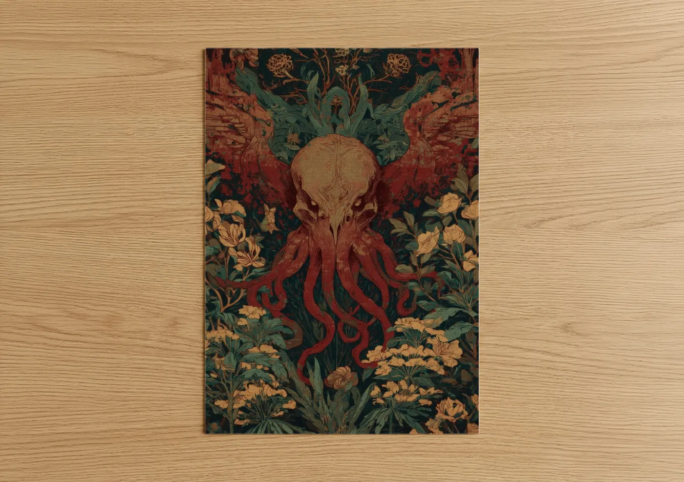 Art print on warm oak wood — maroon and dark green palette — Cthulhu Botanical poster