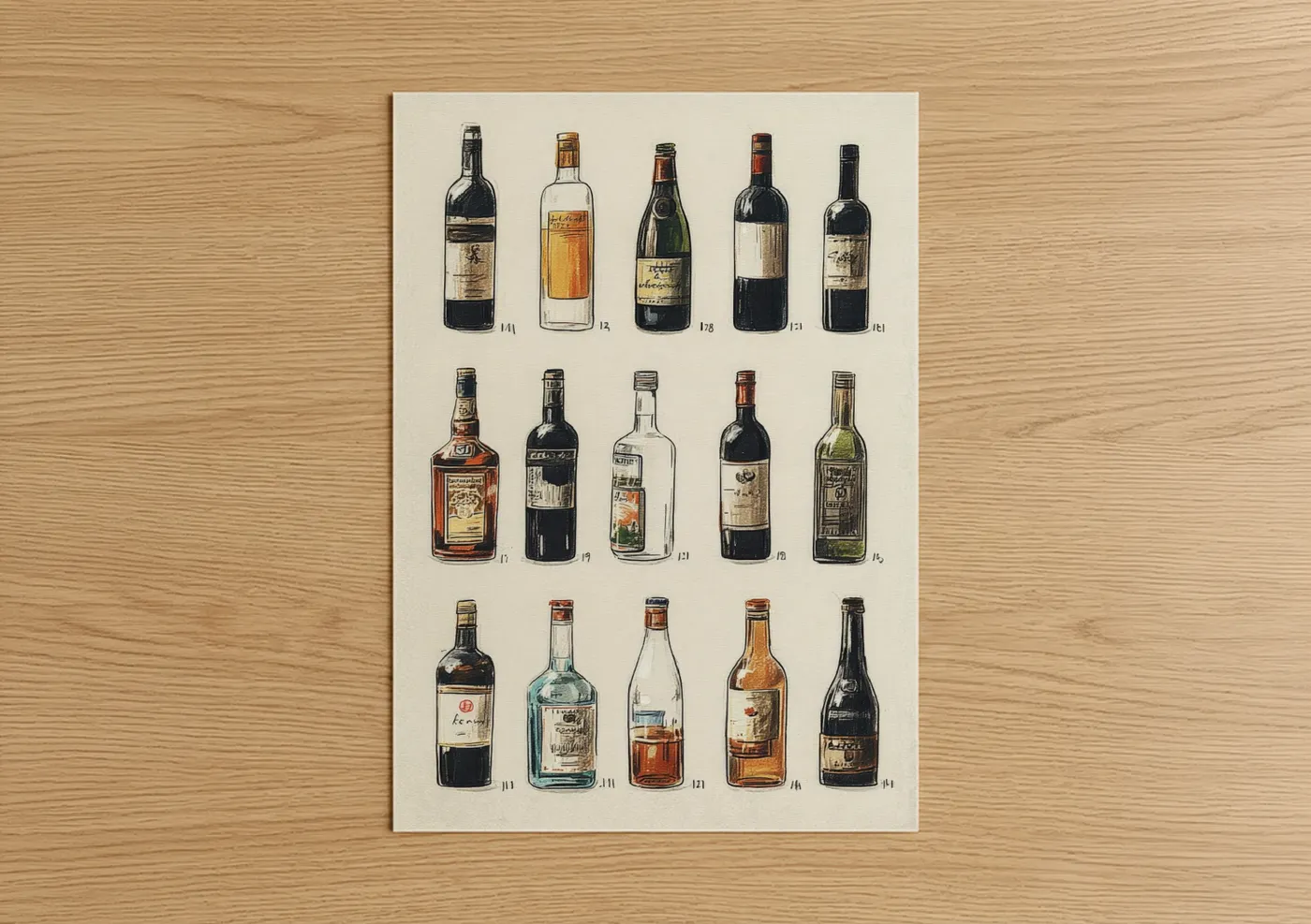 Red wine art print on warm oak wood — cream and black and white palette — Vintage Wine Collection poster