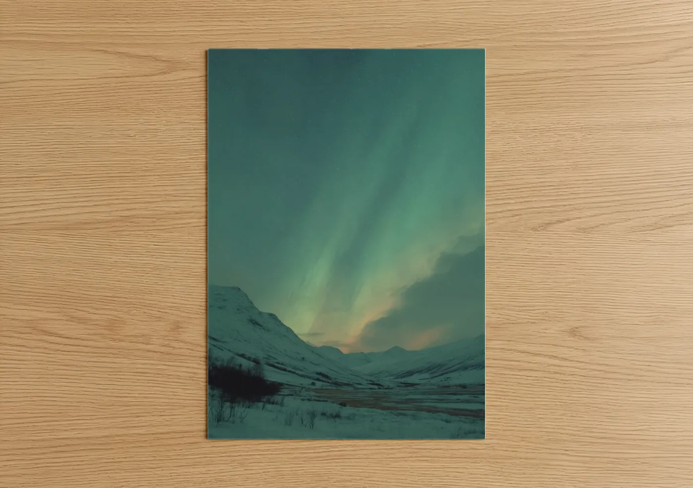 Winter art print on warm oak wood — turquoise and light green palette — Alpine Aurora poster