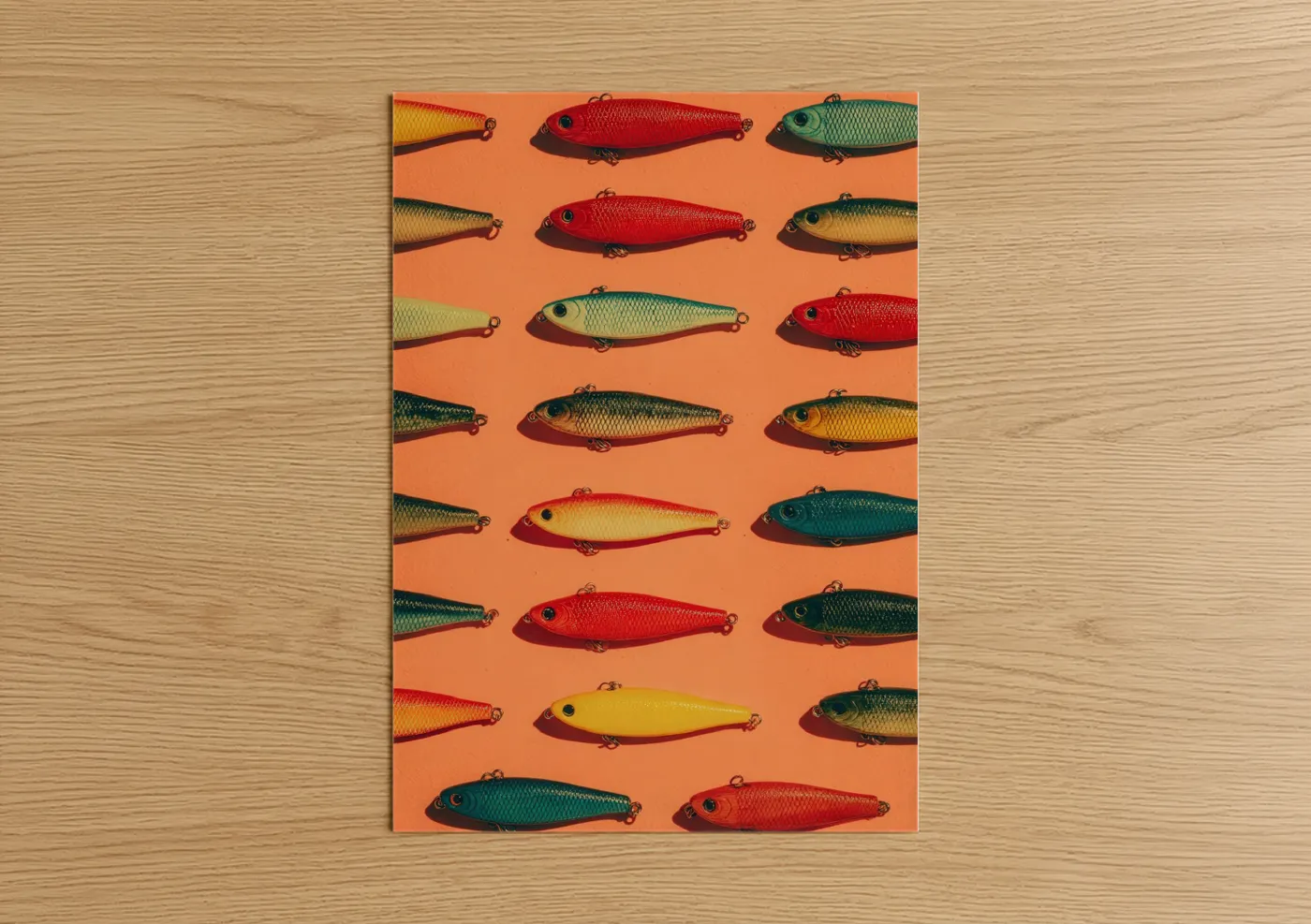Art print on warm oak wood — red and orange palette — Colorful Fishing Lures poster