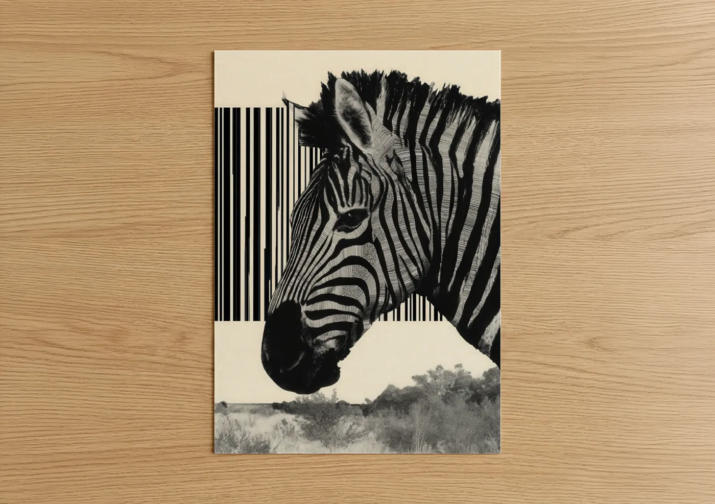 Art print on warm oak wood — black and white palette — Striped Zebra Portrait poster