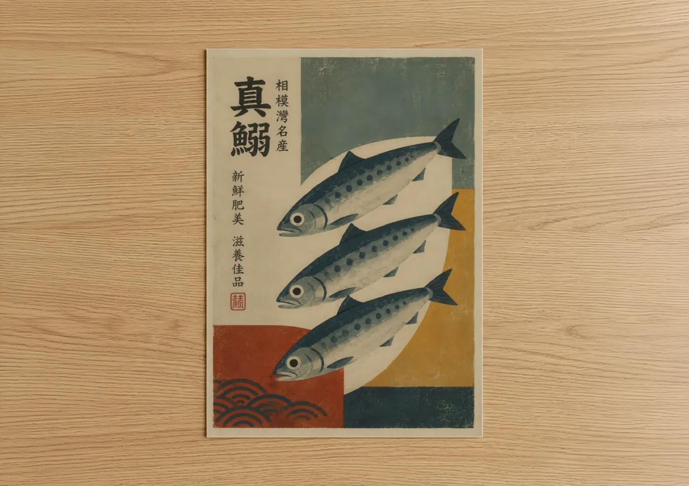Salt water fish art print on warm oak wood — blue and cream palette — Japanese Fish Woodblock Seafood Wall Art poster