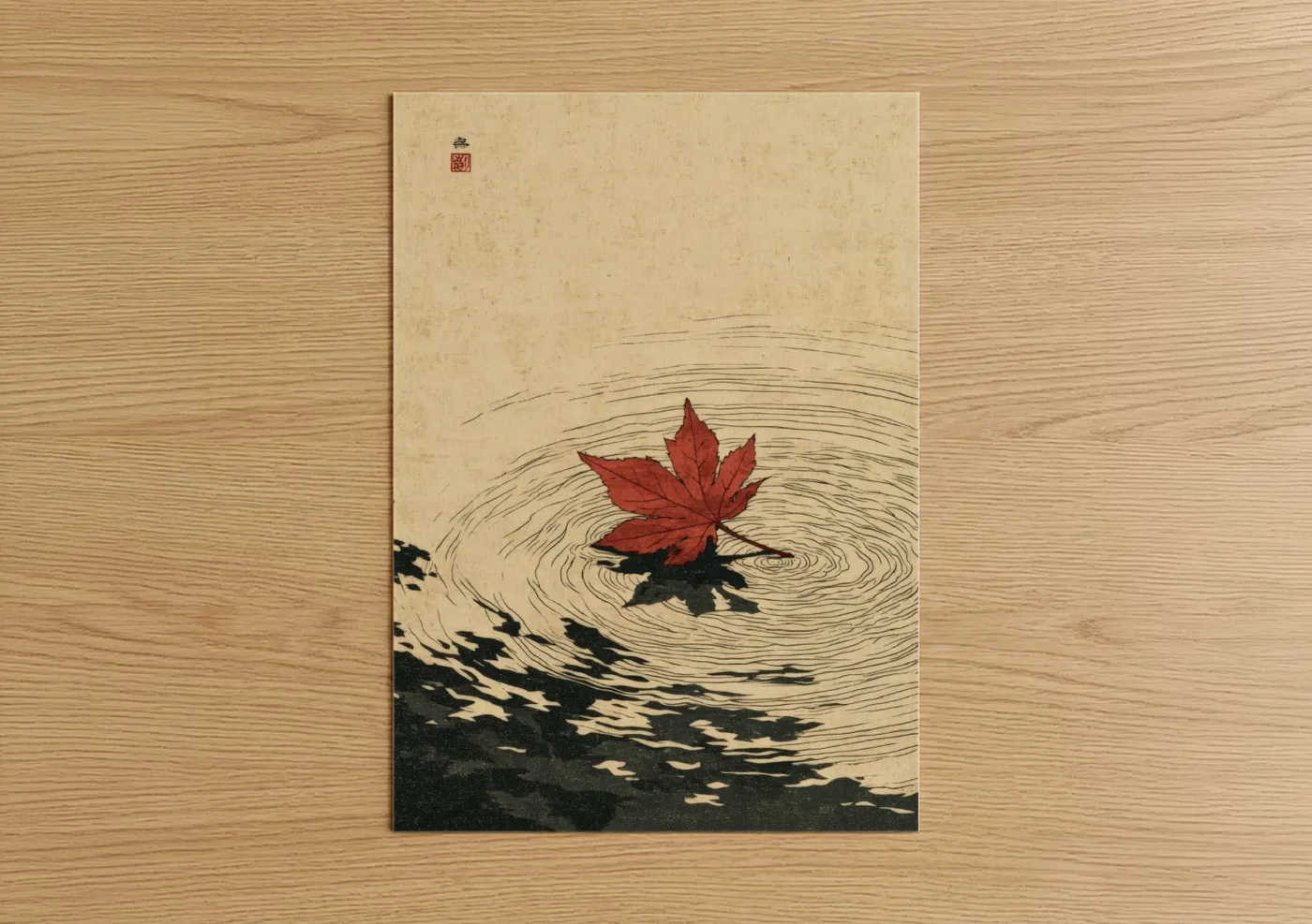 Red Maple Leaf Autumn Water Ripples Wall Art