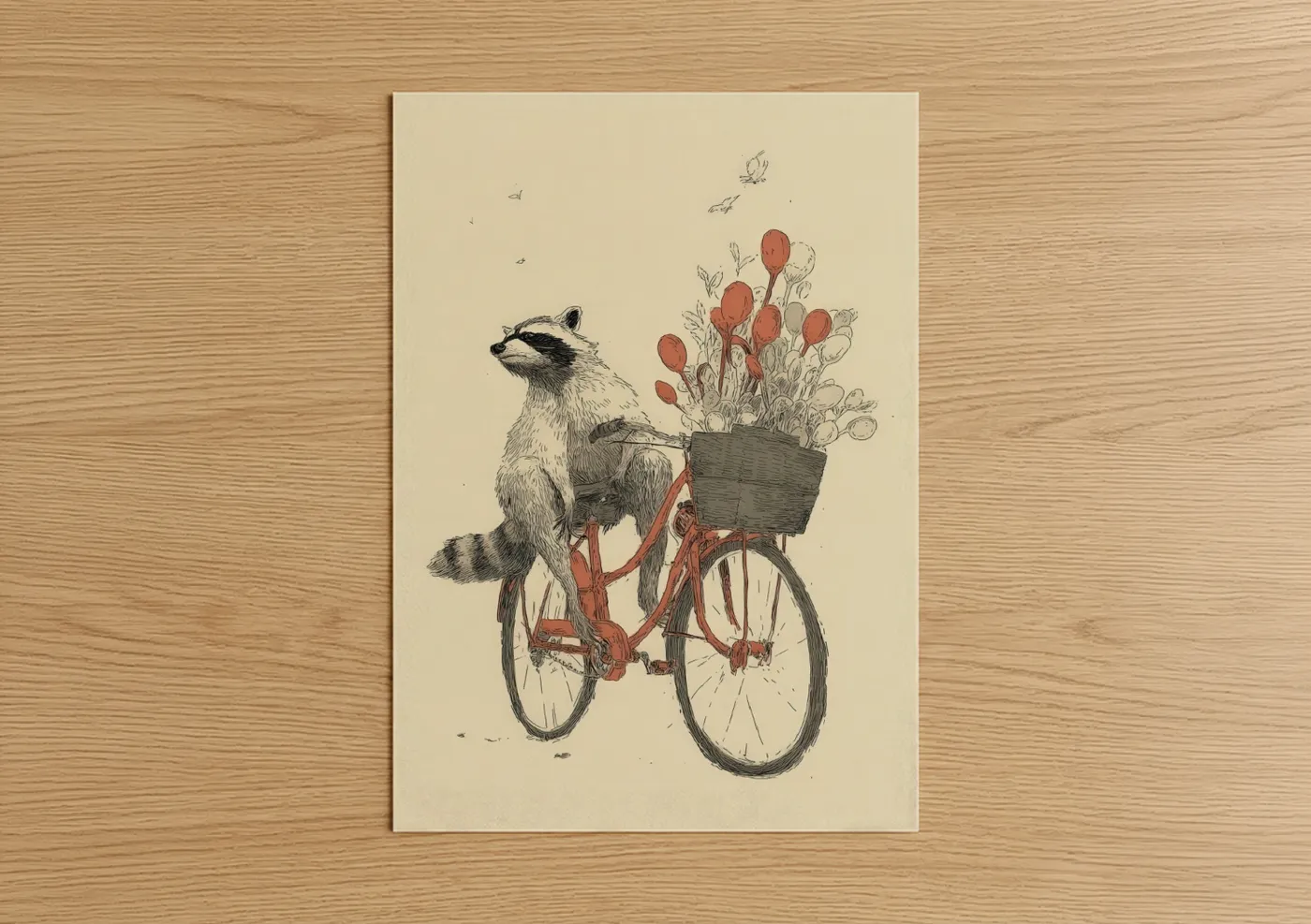 Art print on warm oak wood — cream and russet palette — Cycling Raccoon poster