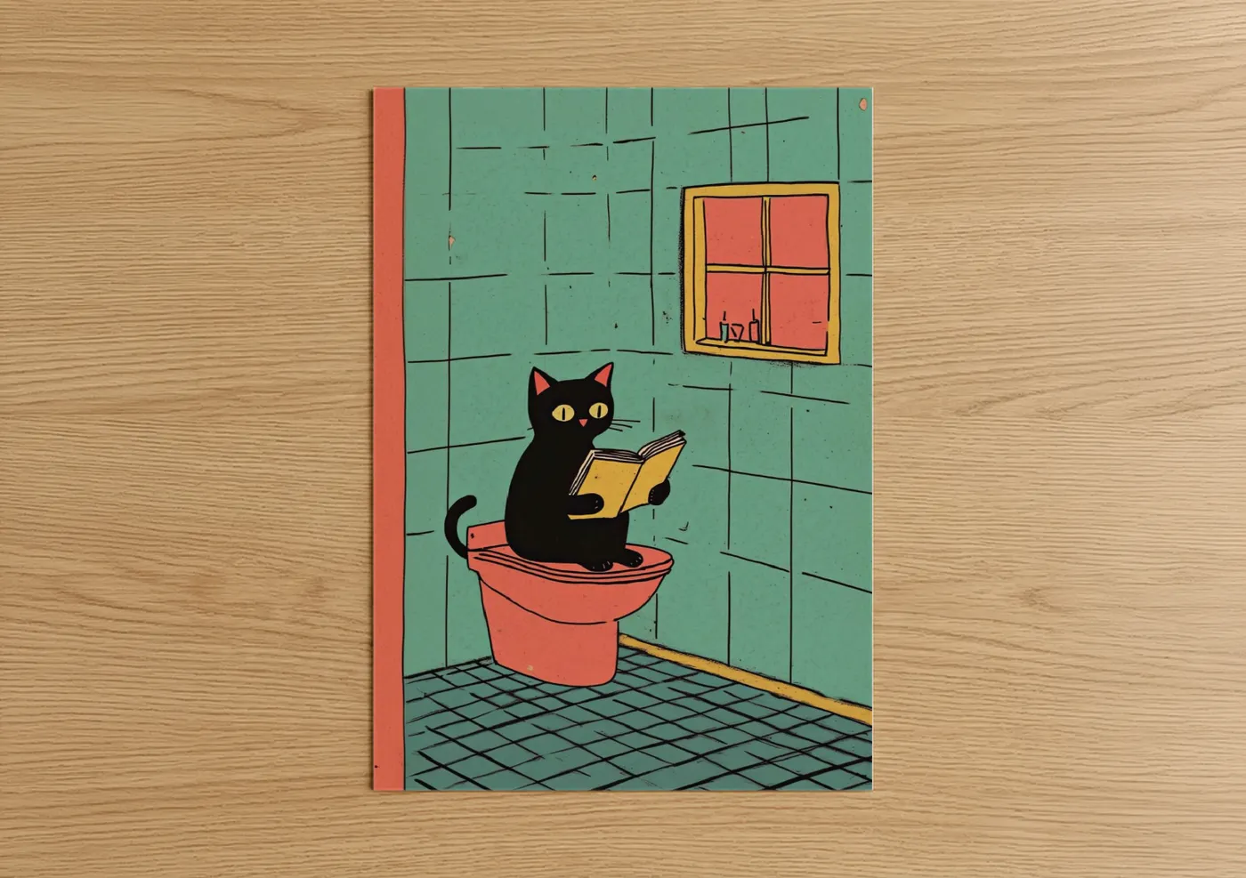 Art print on warm oak wood — teal palette — Literary Cat poster