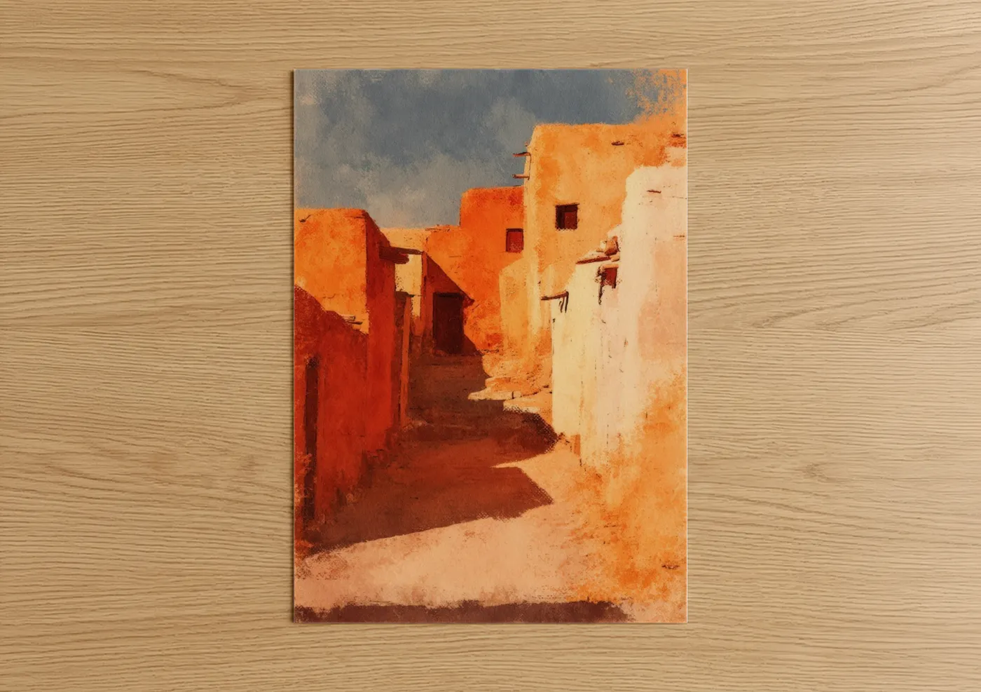 Art print on warm oak wood — pumpkin and cream palette — Desert Village Alley poster
