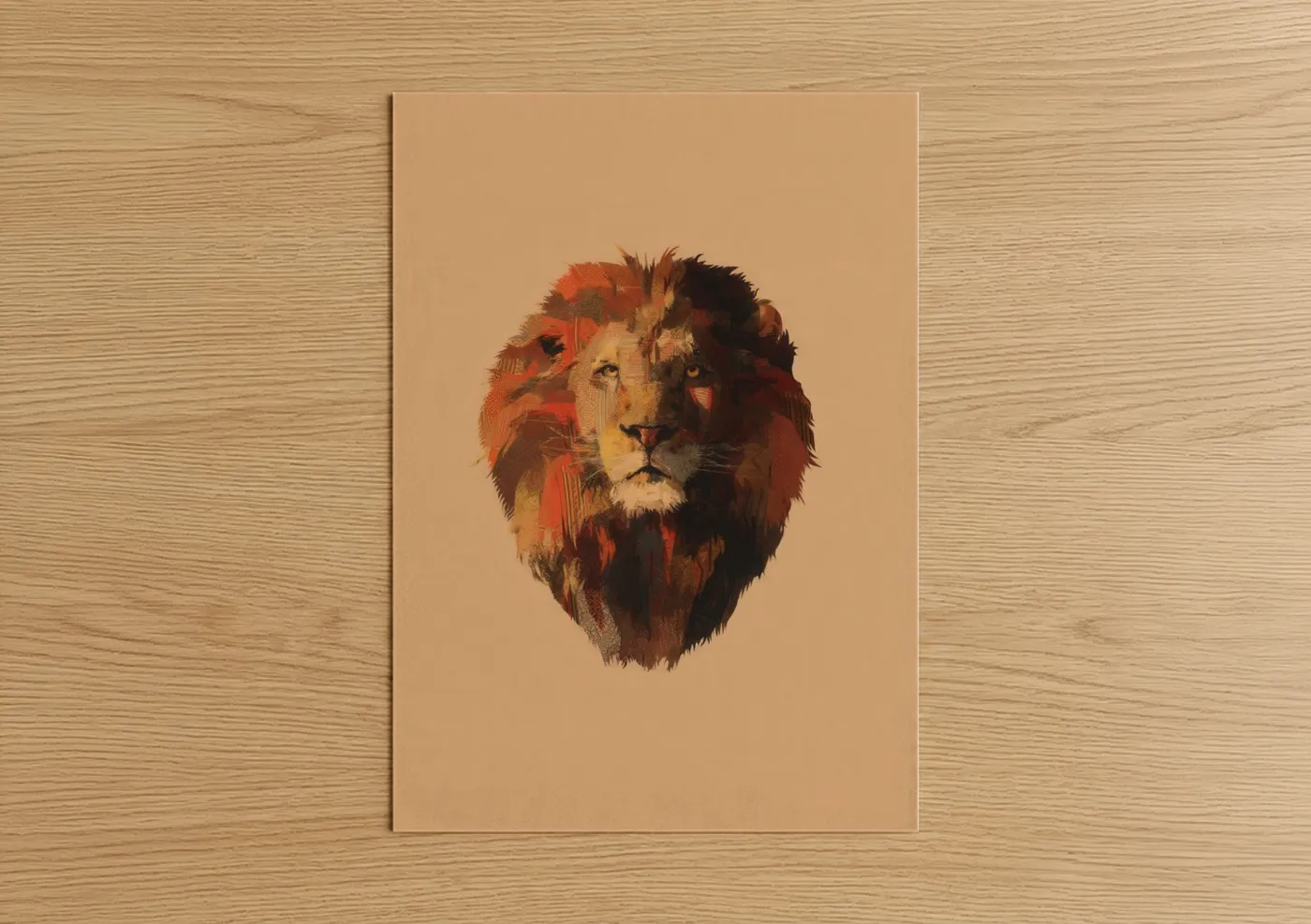 Art print on warm oak wood — gold and brown palette — Majestic Lion Portrait poster