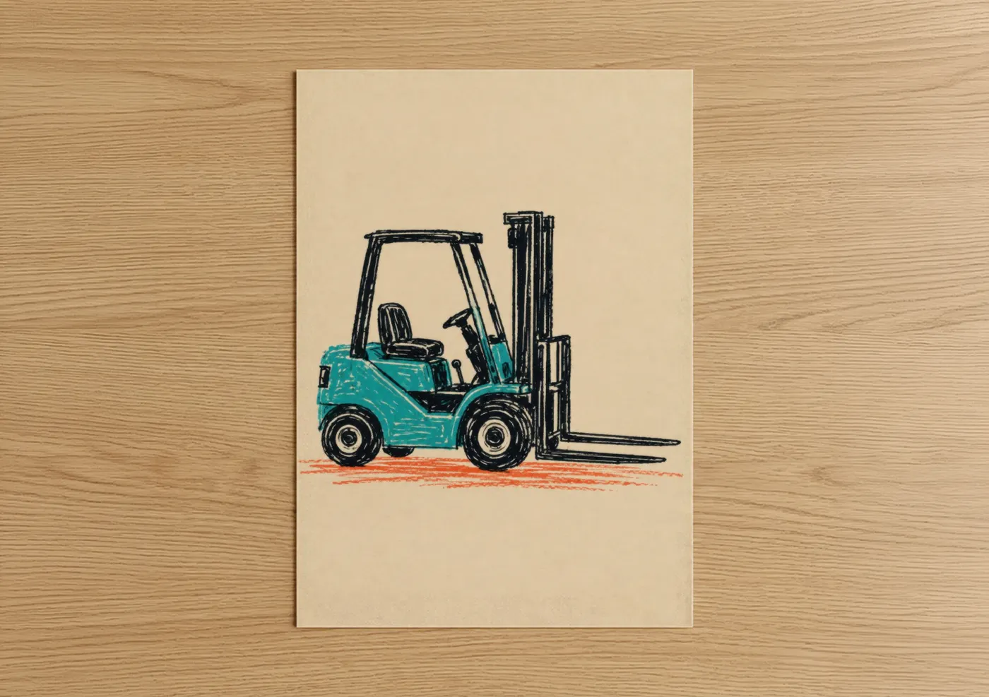 Truck art print on warm oak wood — turquoise and beige palette — Turquoise Forklift Illustration Wall Art poster