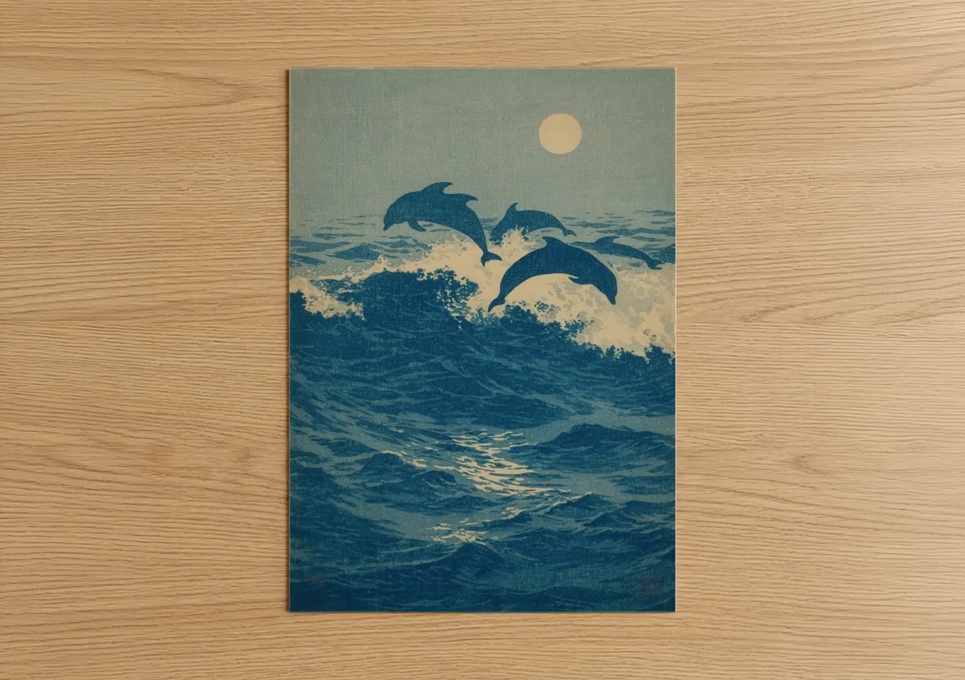 Art print on warm oak wood — blue and cream palette — Leaping Dolphins poster
