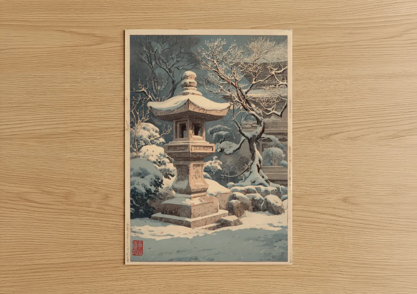 Snowy Garden Lantern Japanese Winter Wall Art