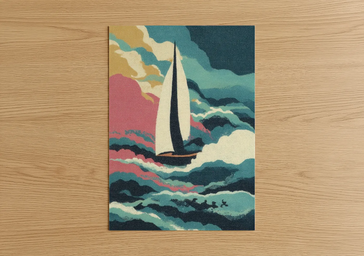 Crimson Sailboat Vintage Ocean Waves Wall Art