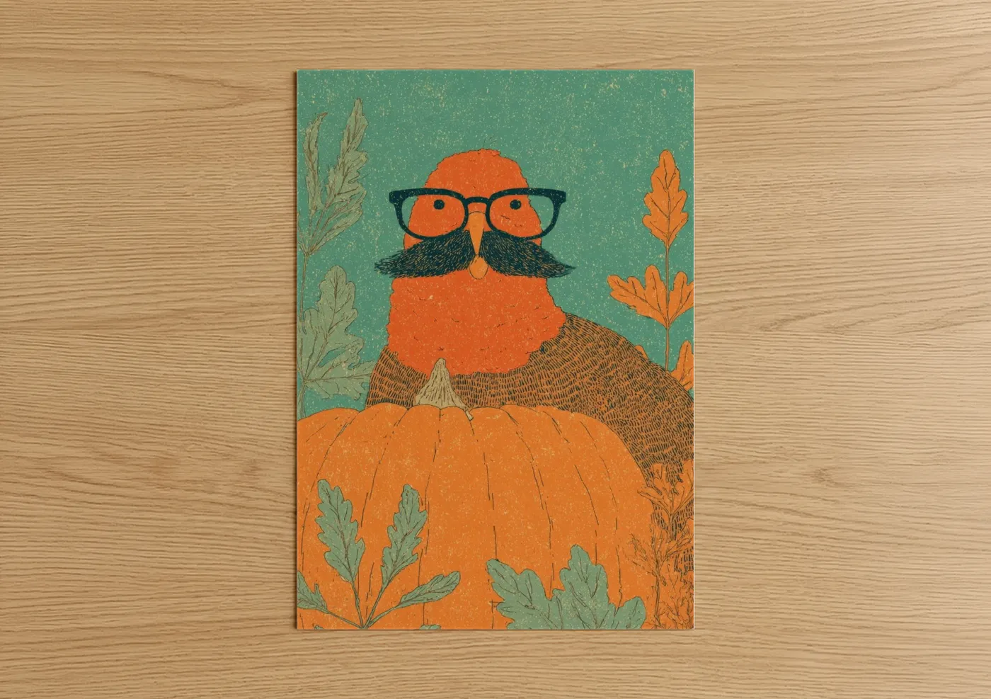 Thanksgiving art print on warm oak wood — orange and sage green palette — Harvest Gentleman Beaver poster