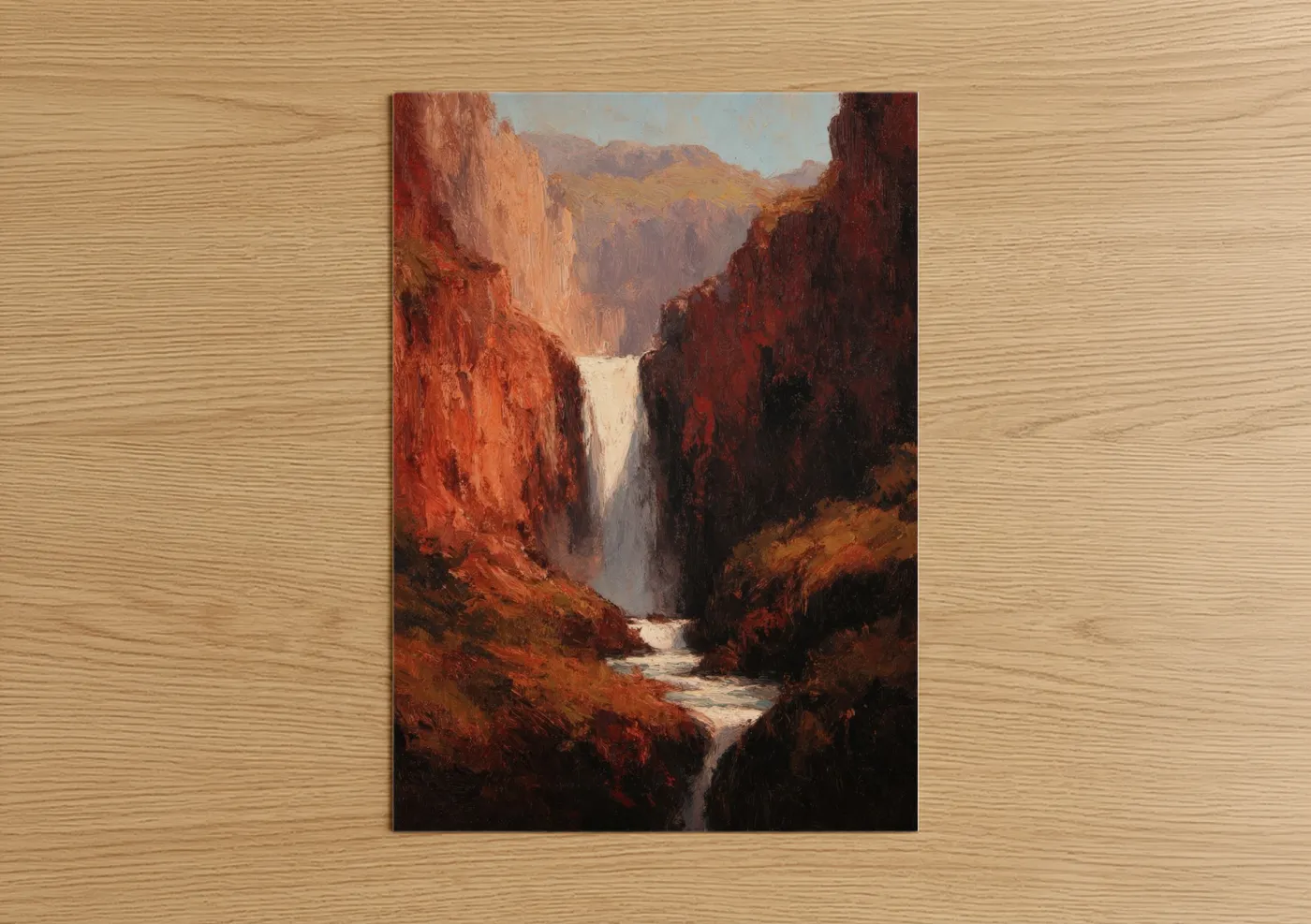 Art print on warm oak wood — mustard palette — Crimson Canyon Waterfall poster