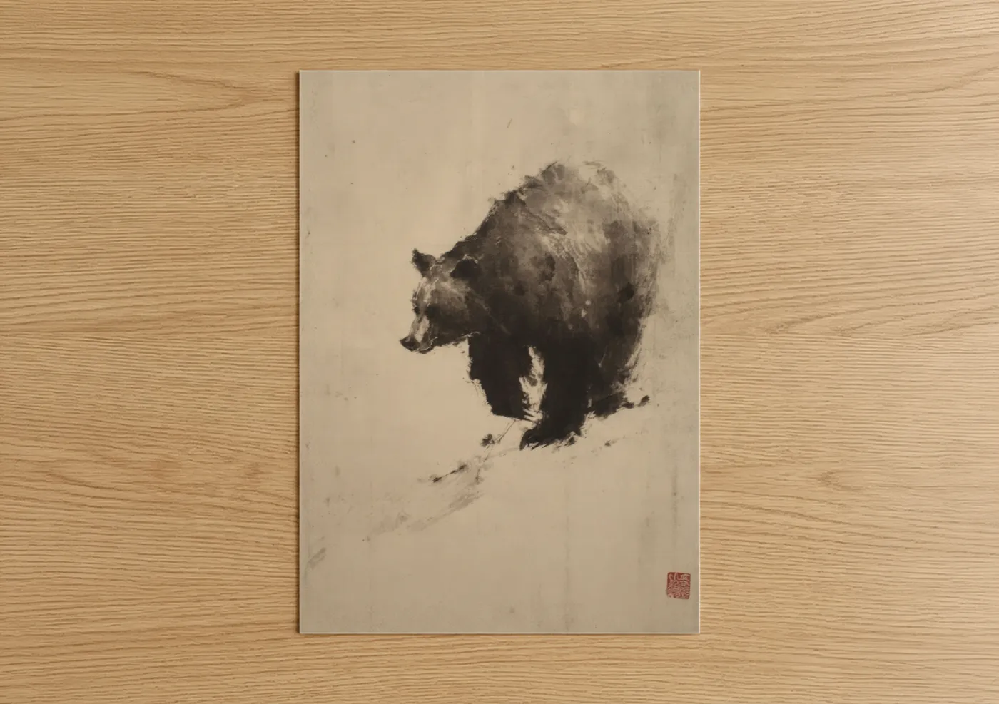 Snowy Grizzly Bear Winter Ink Drawing Wall Art