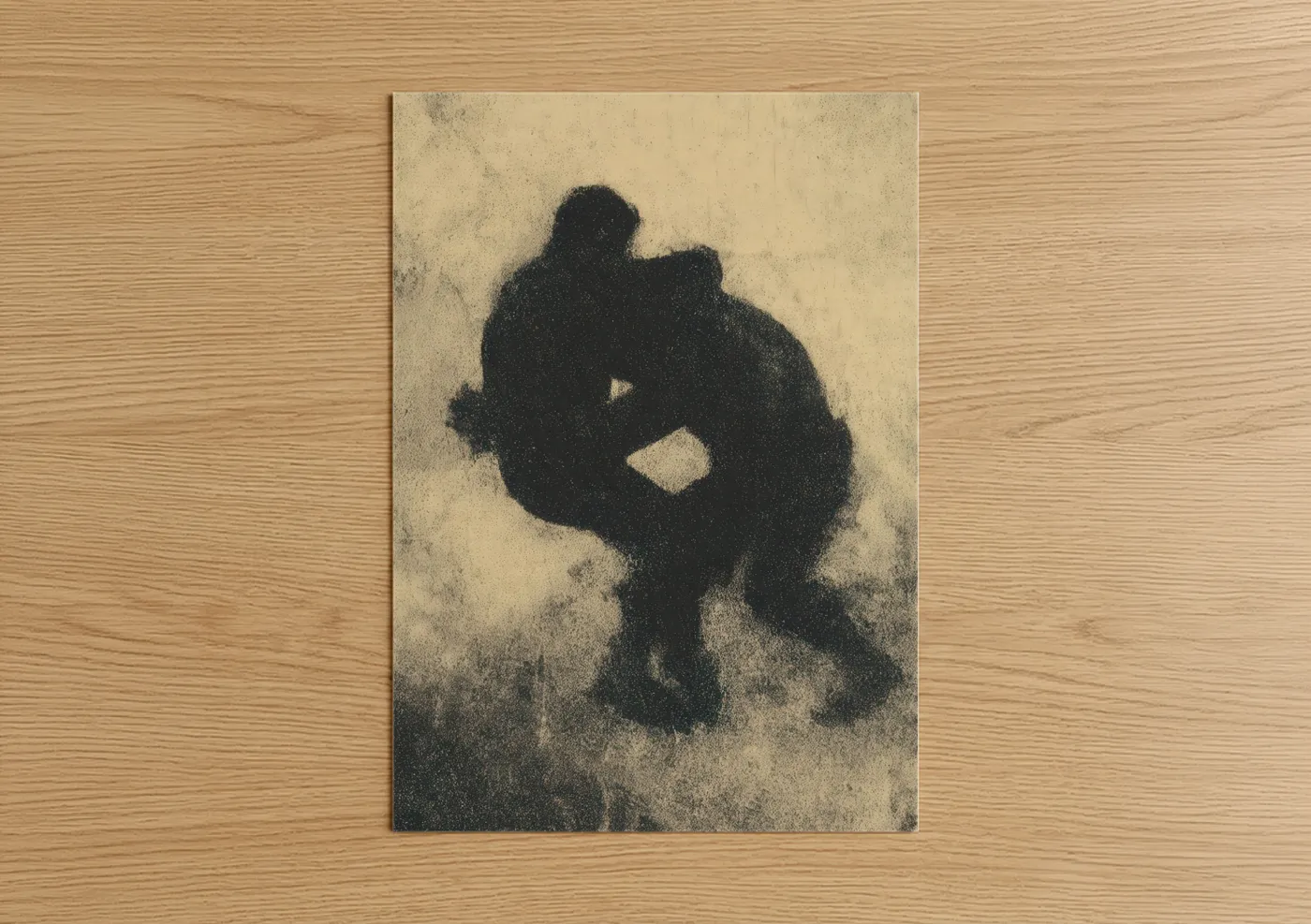 Wrestling art print on warm oak wood — black and beige palette — Shadow Wrestler poster