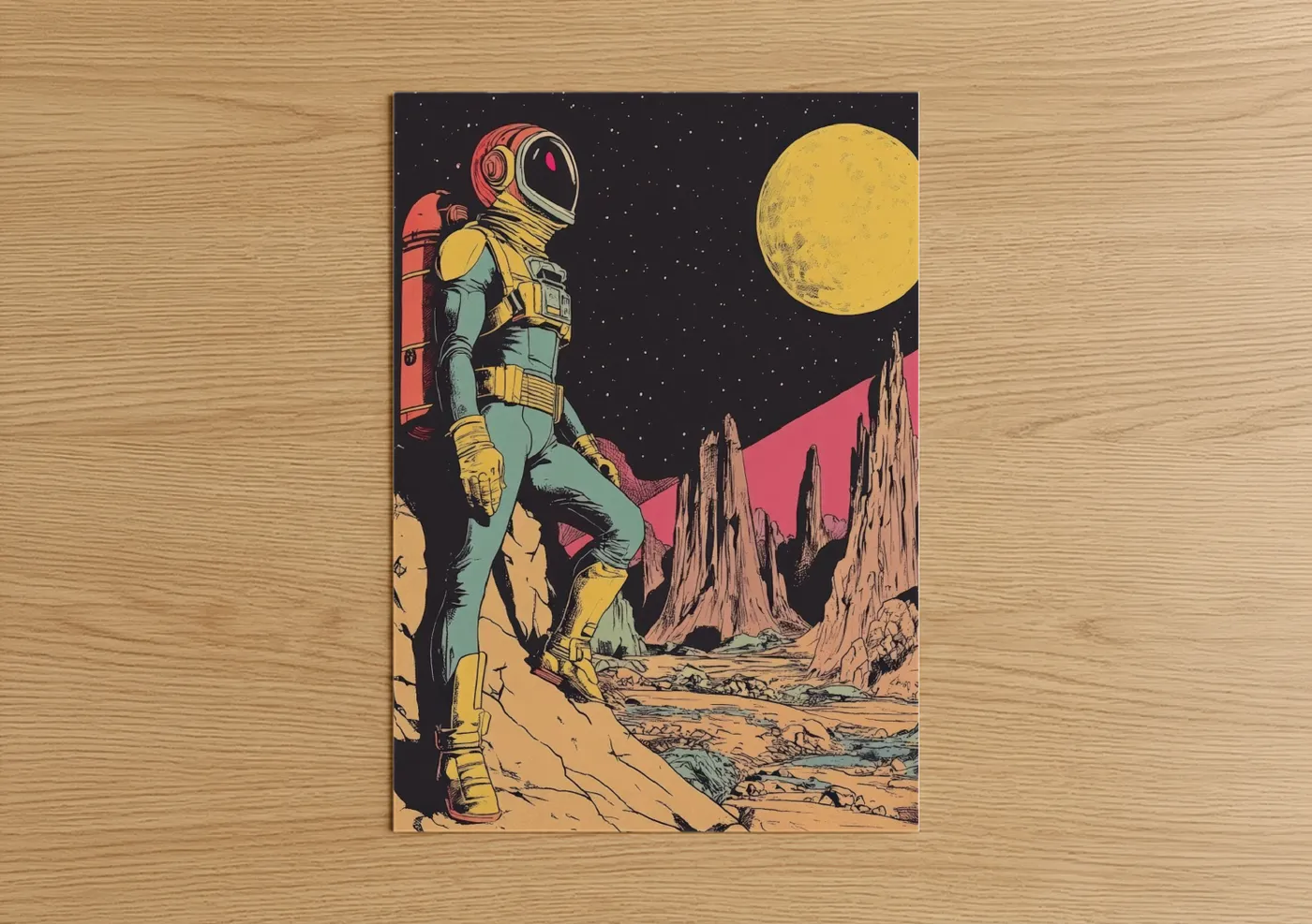 Comic books art print on warm oak wood — gold and blue palette — Lunar Explorer poster