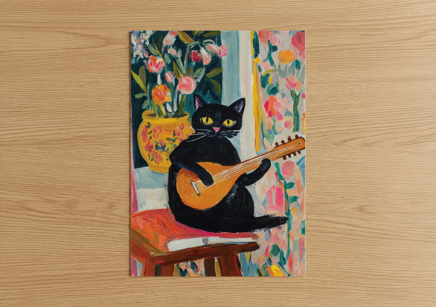 Black Cat Playing Guitar Colorful Wall Art