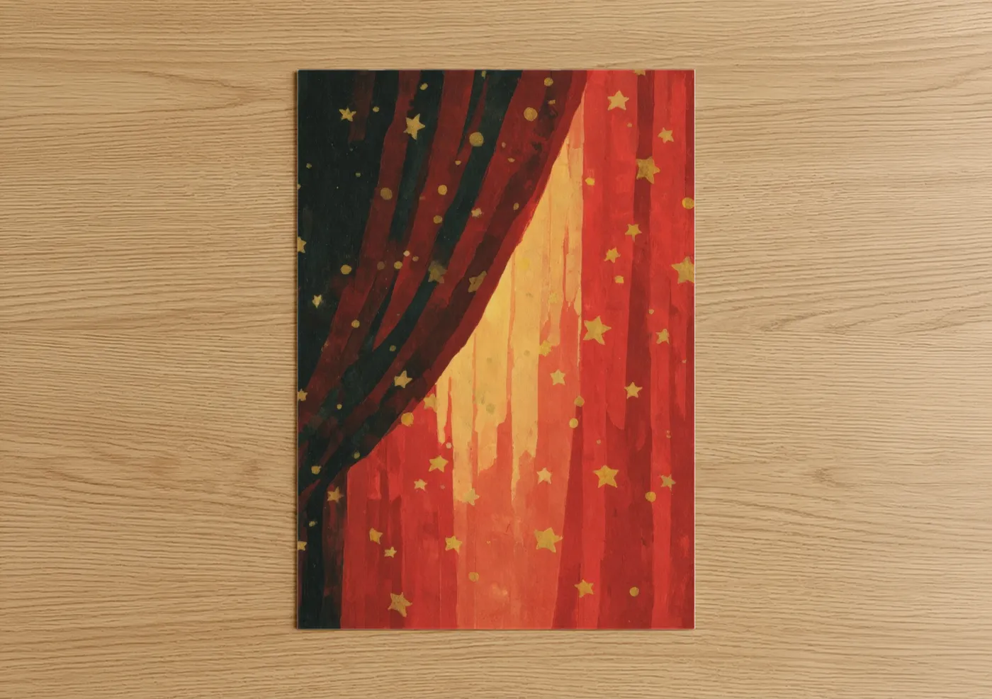 Art print on warm oak wood — red and gold palette — Golden Star Curtain poster